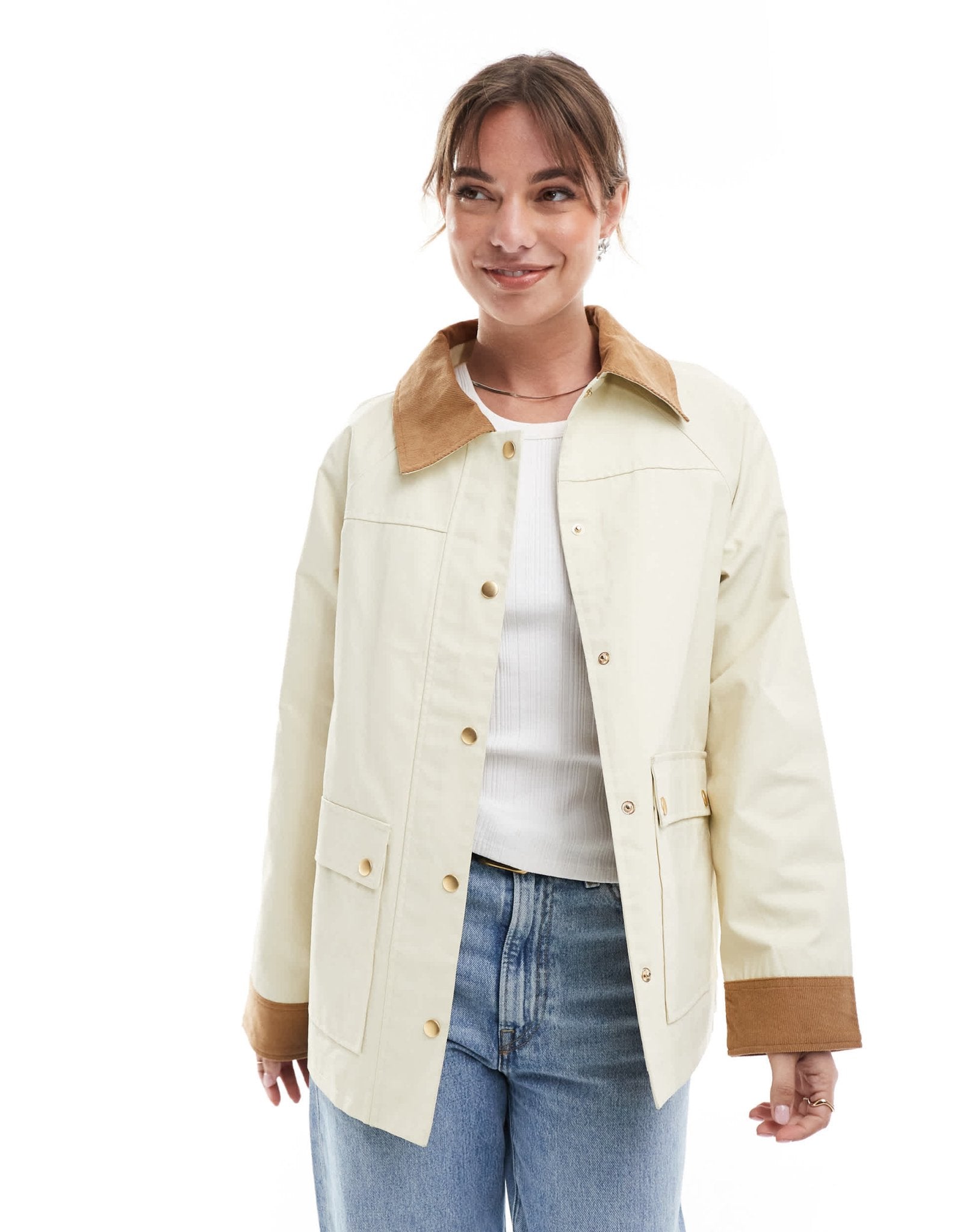 ASOS DESIGN cord top collar waxed jacket in stone - ASOS Sample Sale EU Store