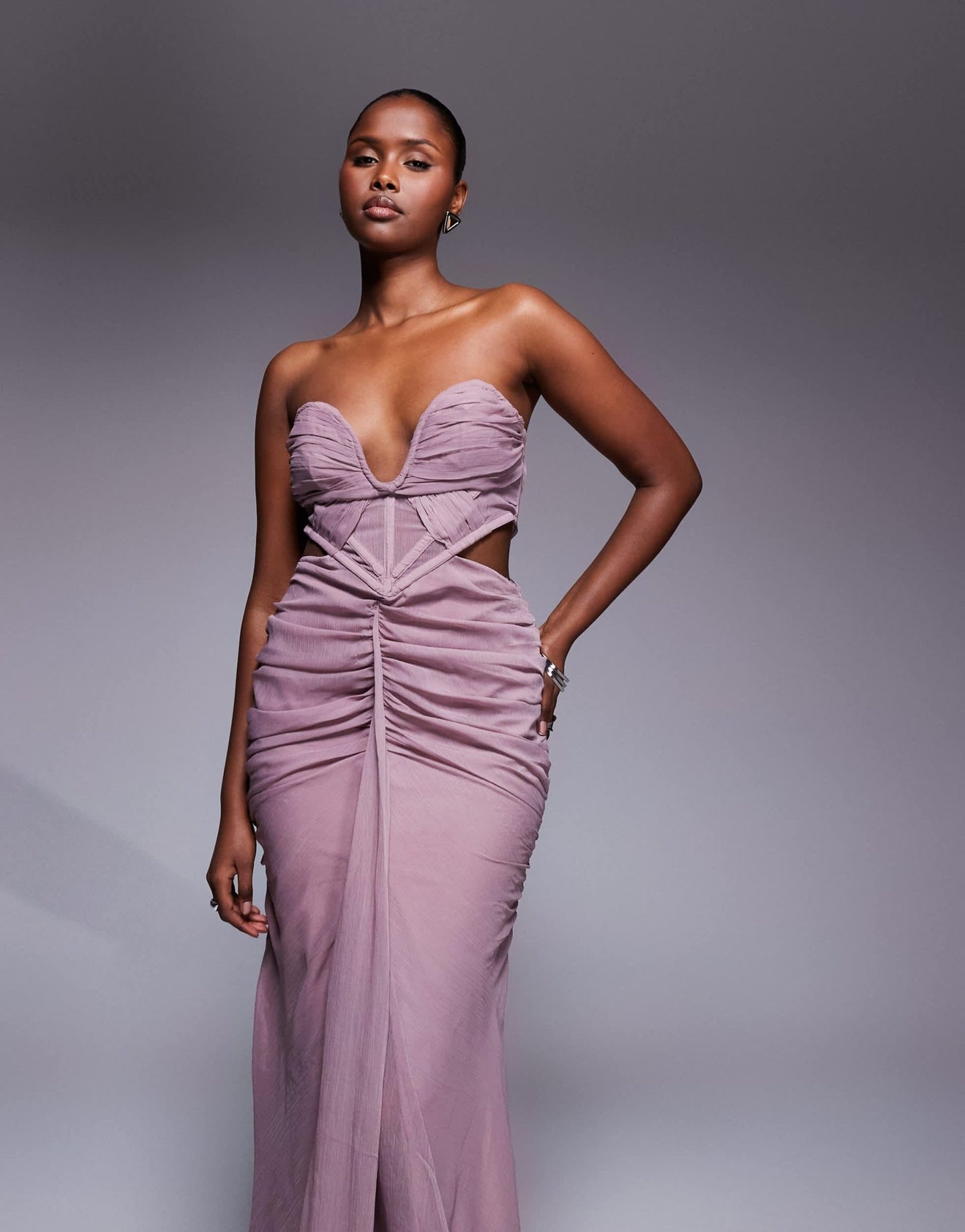 ASOS DESIGN corset detail plunge ruched maxi dress with cut out in mauve - ASOS Sample Sale EU Store