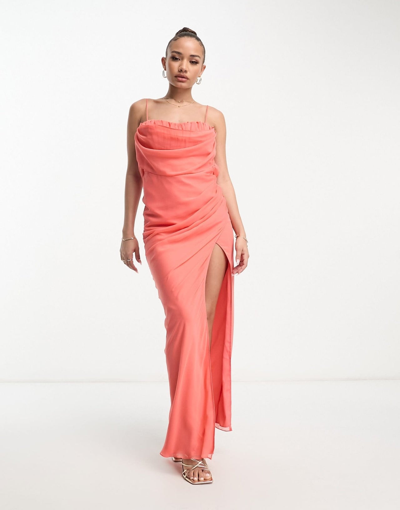ASOS DESIGN corset maxi dress with soft cowl front in coral - ASOS Sample Sale EU Store