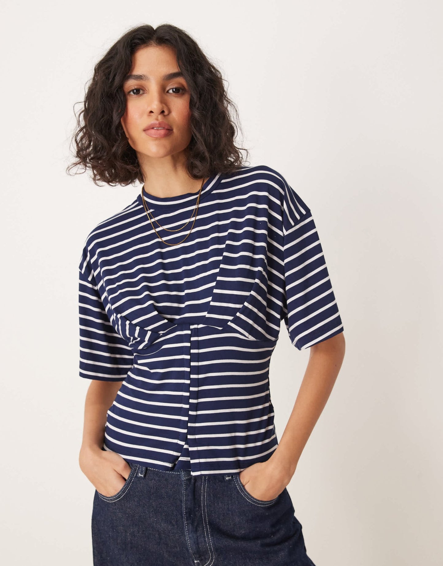 ASOS DESIGN corset waist hook and eye t-shirt in navy stripe - ASOS Sample Sale EU Store