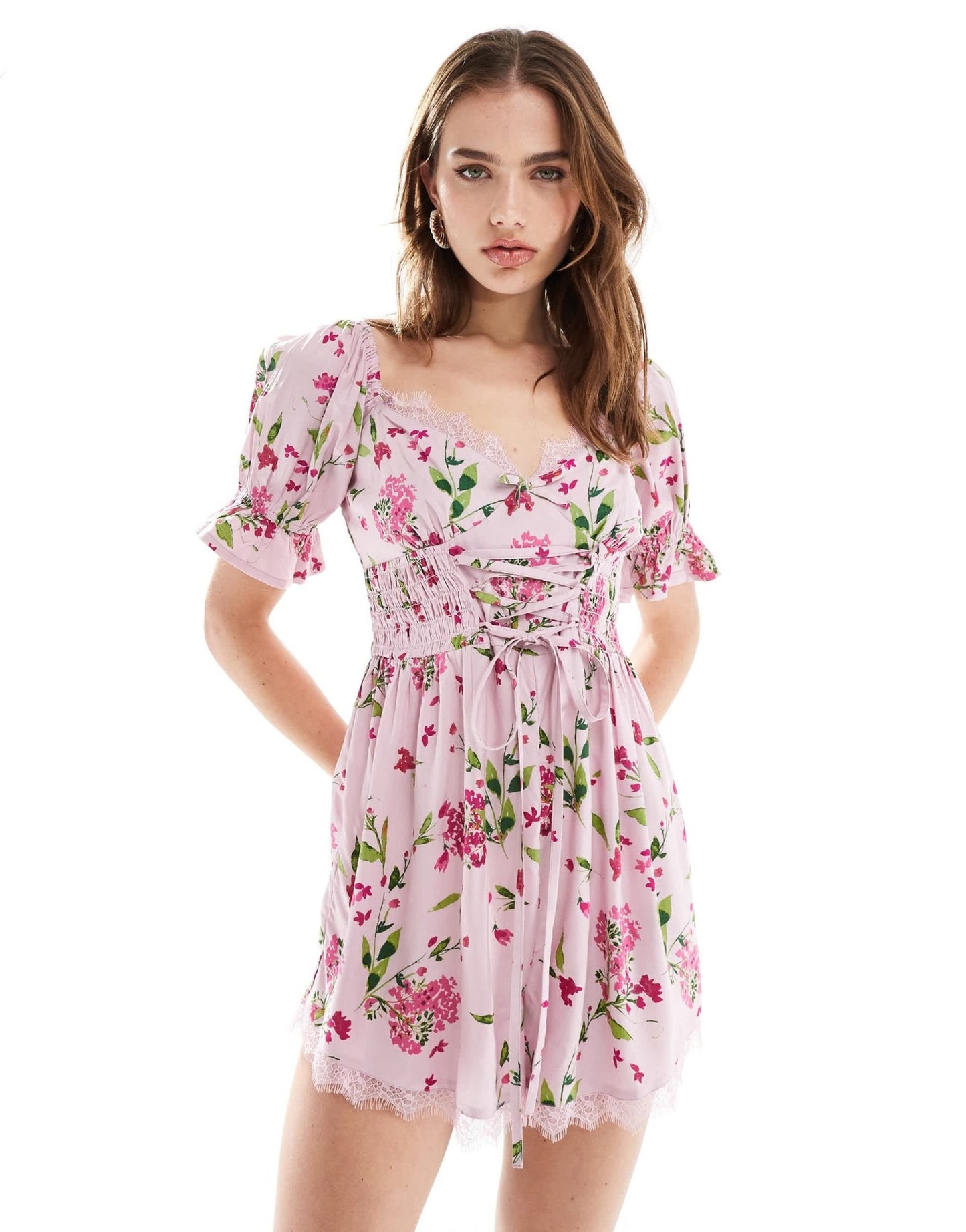 ASOS DESIGN corset waist milkmaid playsuit in pink floral - ASOS Sample Sale EU Store