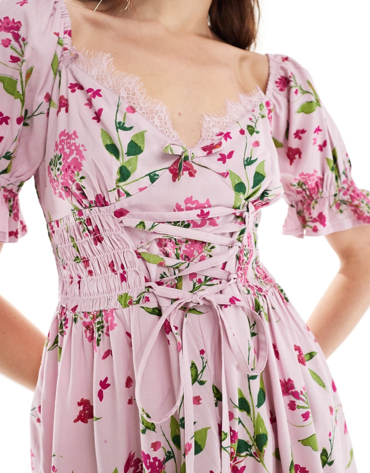 ASOS DESIGN corset waist milkmaid playsuit in pink floral - ASOS Sample Sale EU Store