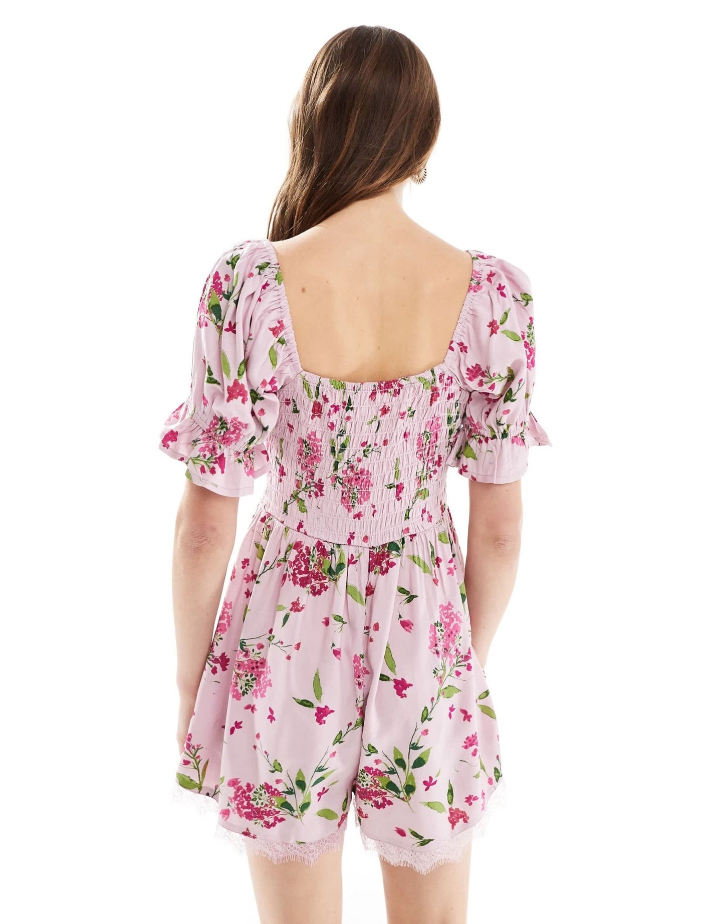 ASOS DESIGN corset waist milkmaid playsuit in pink floral - ASOS Sample Sale EU Store