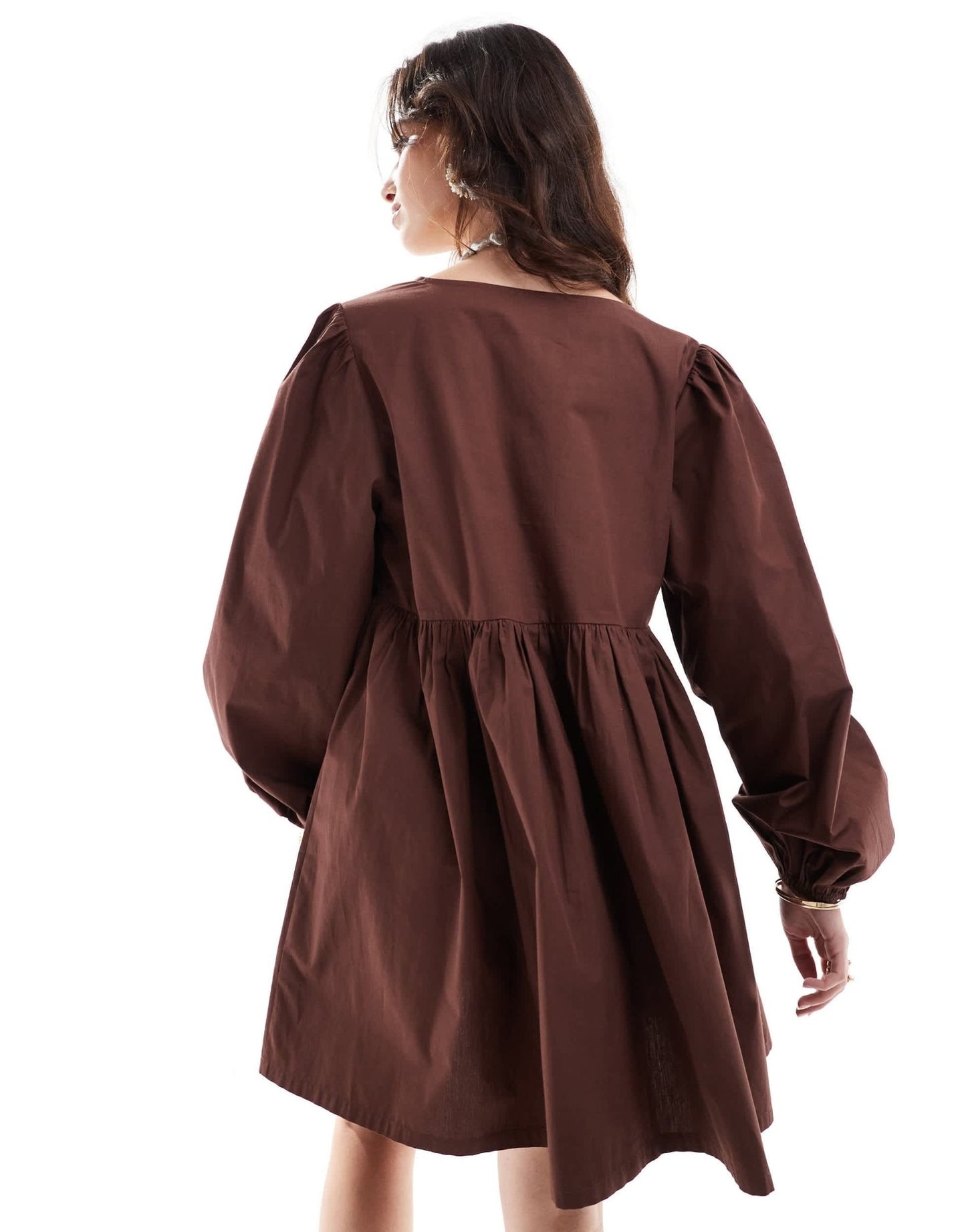 ASOS DESIGN cotton v - neck mini smock dress in chocolate brown - ASOS Sample Sale EU Store