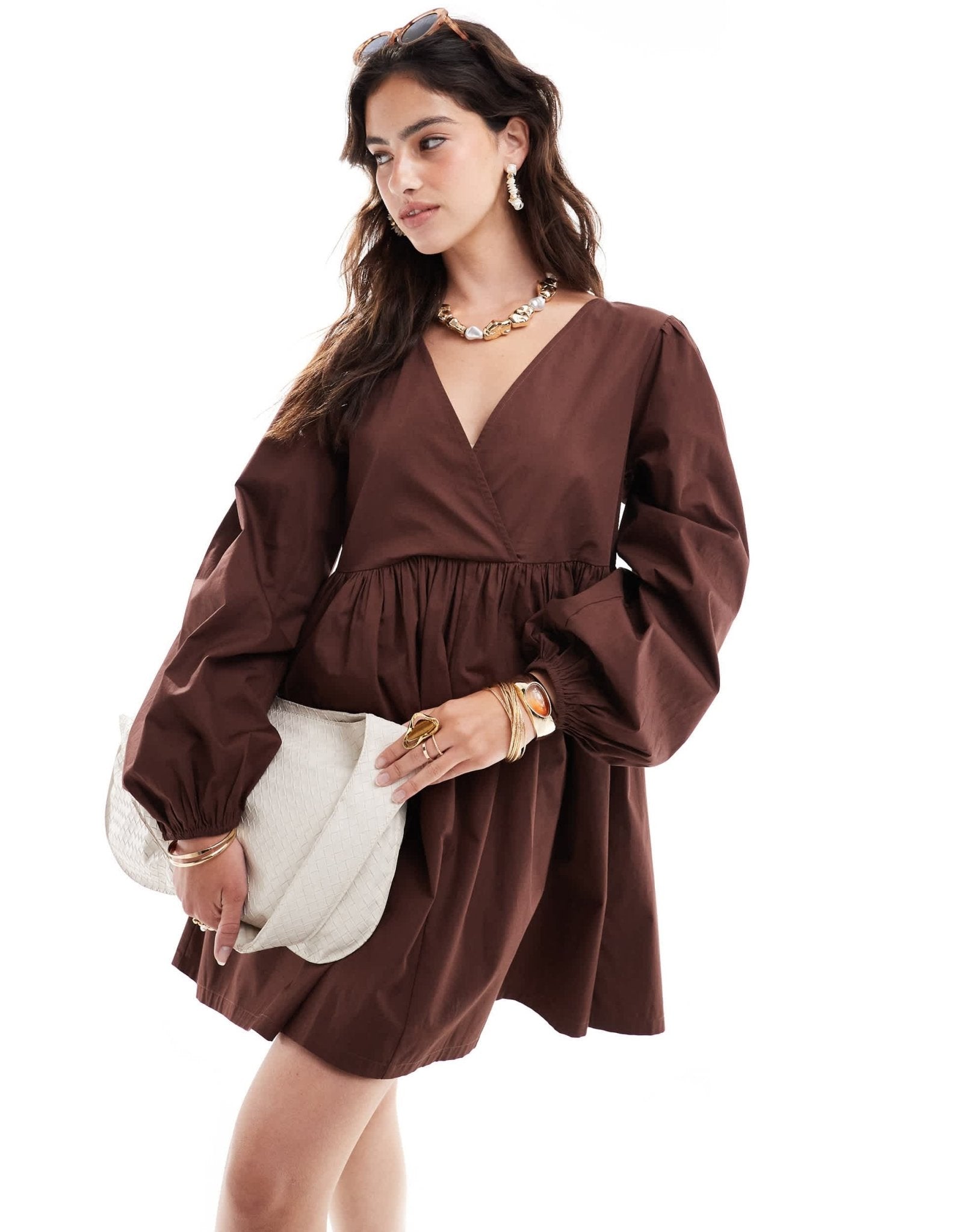 ASOS DESIGN cotton v - neck mini smock dress in chocolate brown - ASOS Sample Sale EU Store