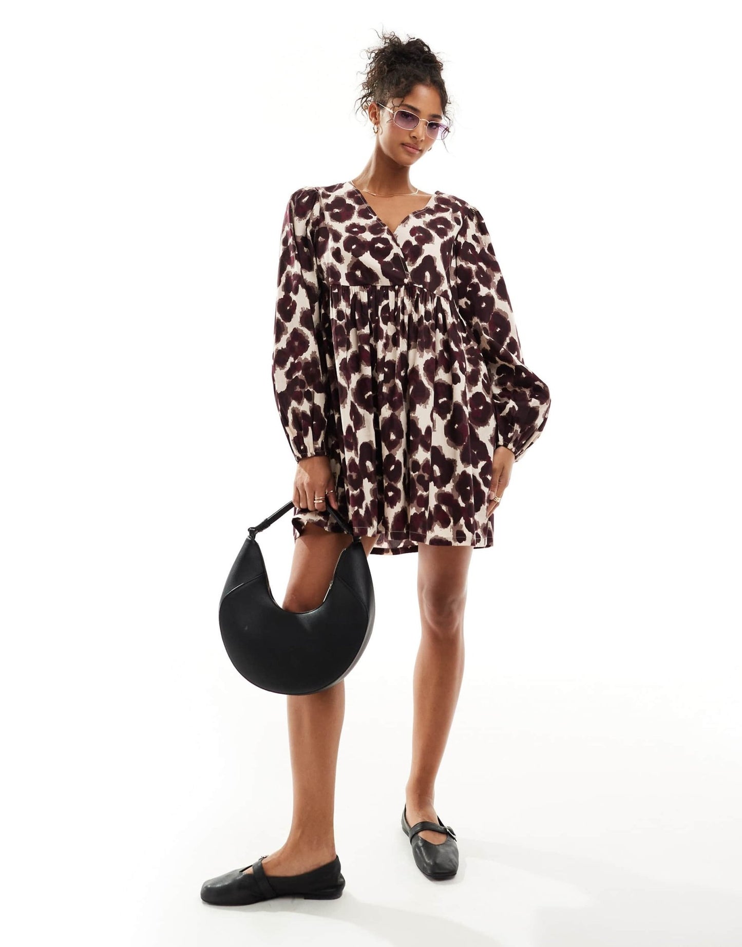 ASOS DESIGN cotton v - neck mini smock dress in leopard print - ASOS Sample Sale EU Store