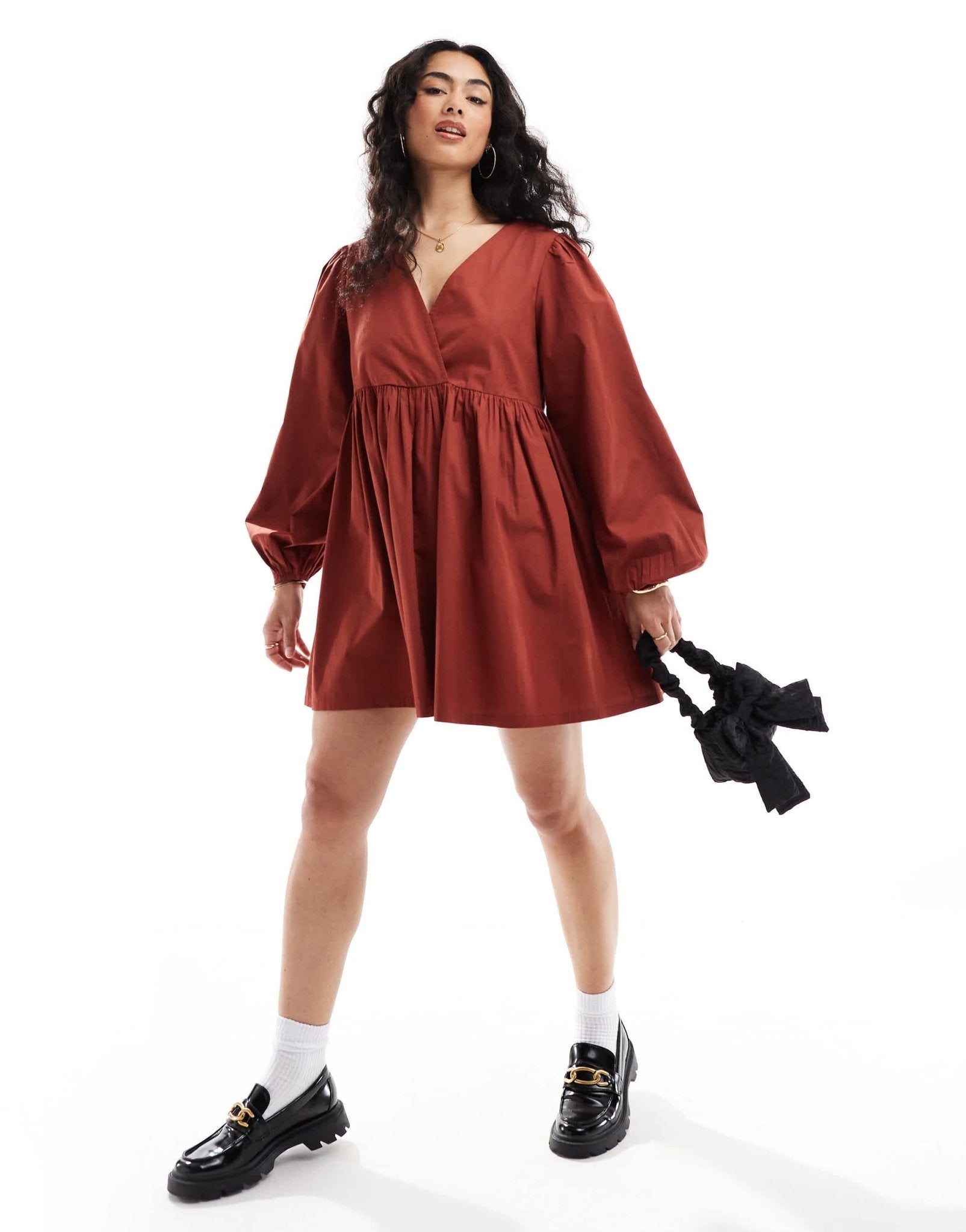 ASOS DESIGN cotton v - neck mini smock dress rust - ASOS Sample Sale EU Store