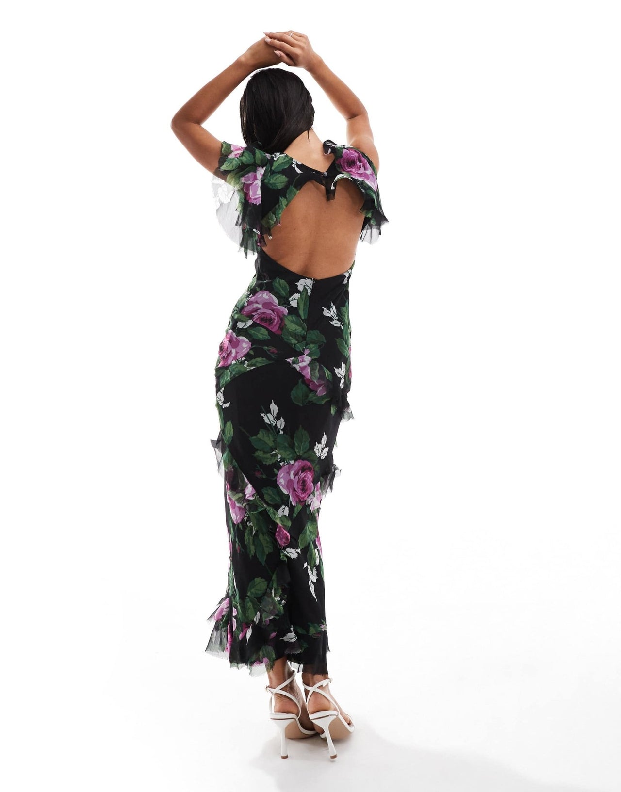ASOS DESIGN cowl neck frill sleeve ruffle midi dress in black based floral print - ASOS Sample Sale EU Store