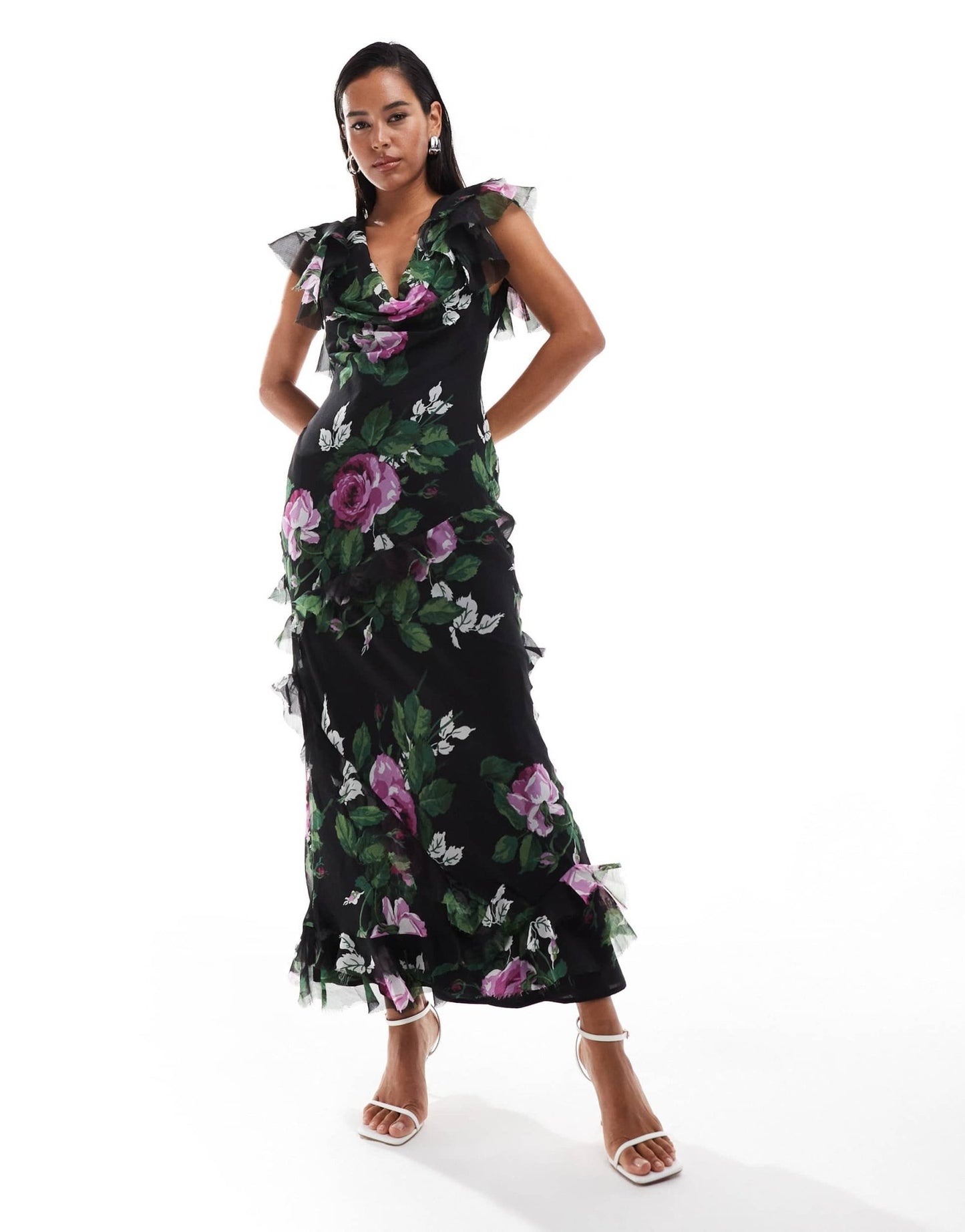 ASOS DESIGN cowl neck frill sleeve ruffle midi dress in black based floral print - ASOS Sample Sale EU Store