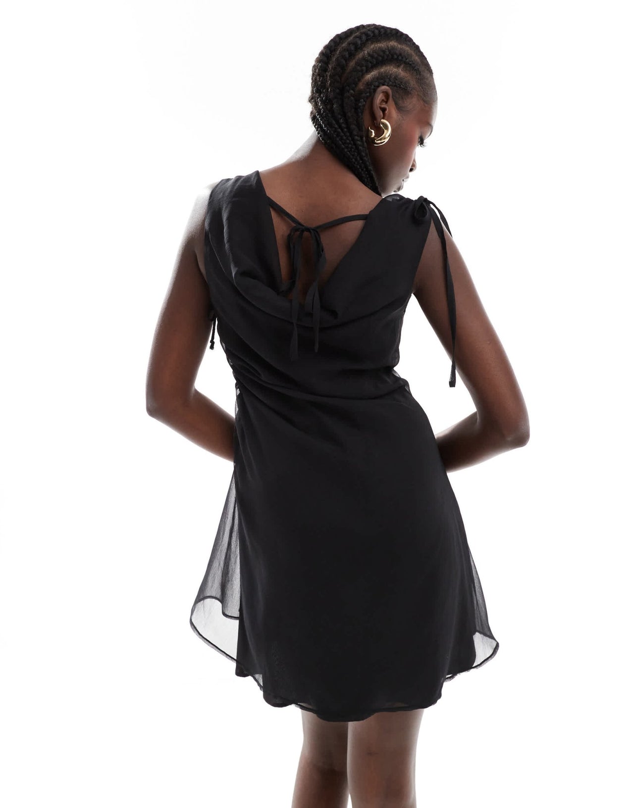 ASOS DESIGN cowl neck gathered side mini dress with eyelet trim in black - ASOS Sample Sale EU Store