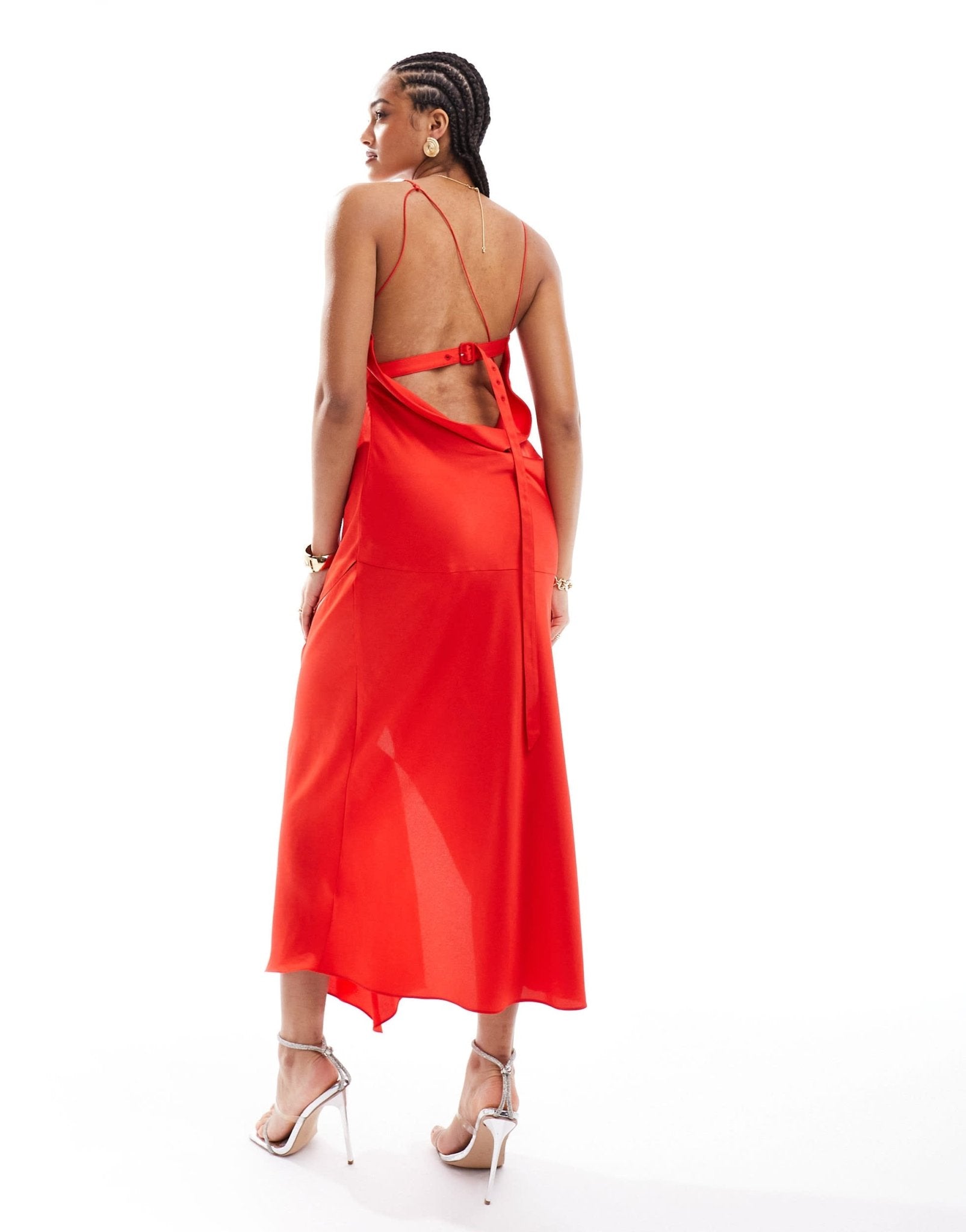ASOS DESIGN cowl neck satin midi dress with cut outs and buckle detail in bright red - ASOS Sample Sale EU Store