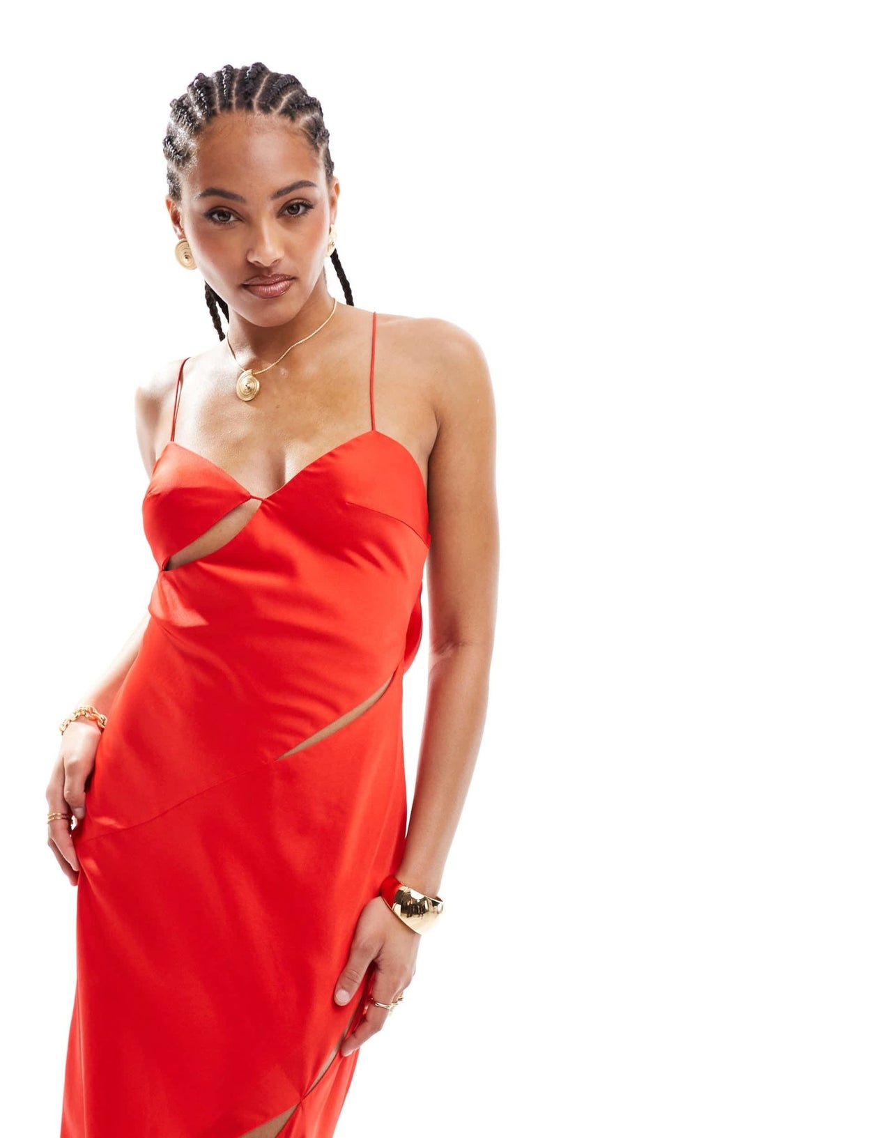 ASOS DESIGN cowl neck satin midi dress with cut outs and buckle detail in bright red - ASOS Sample Sale EU Store