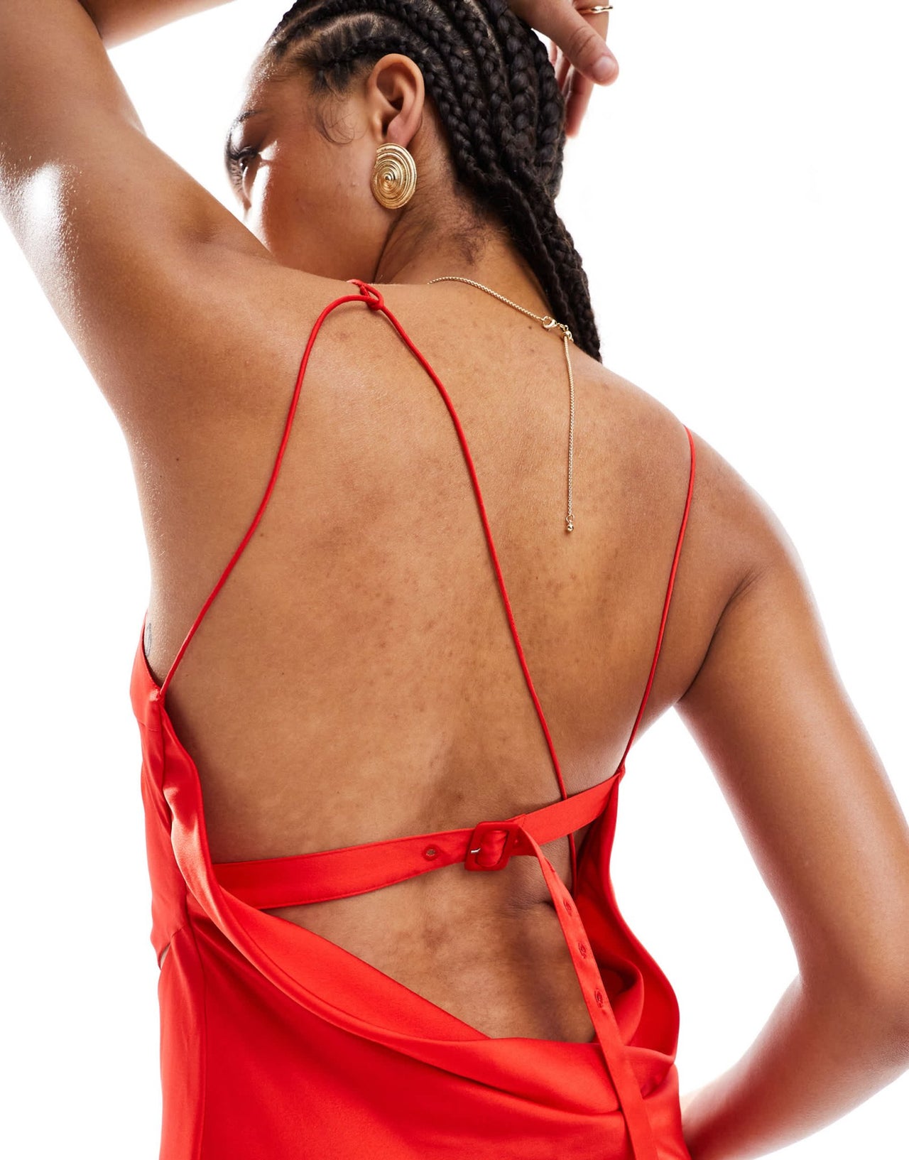 ASOS DESIGN cowl neck satin midi dress with cut outs and buckle detail in bright red - ASOS Sample Sale EU Store