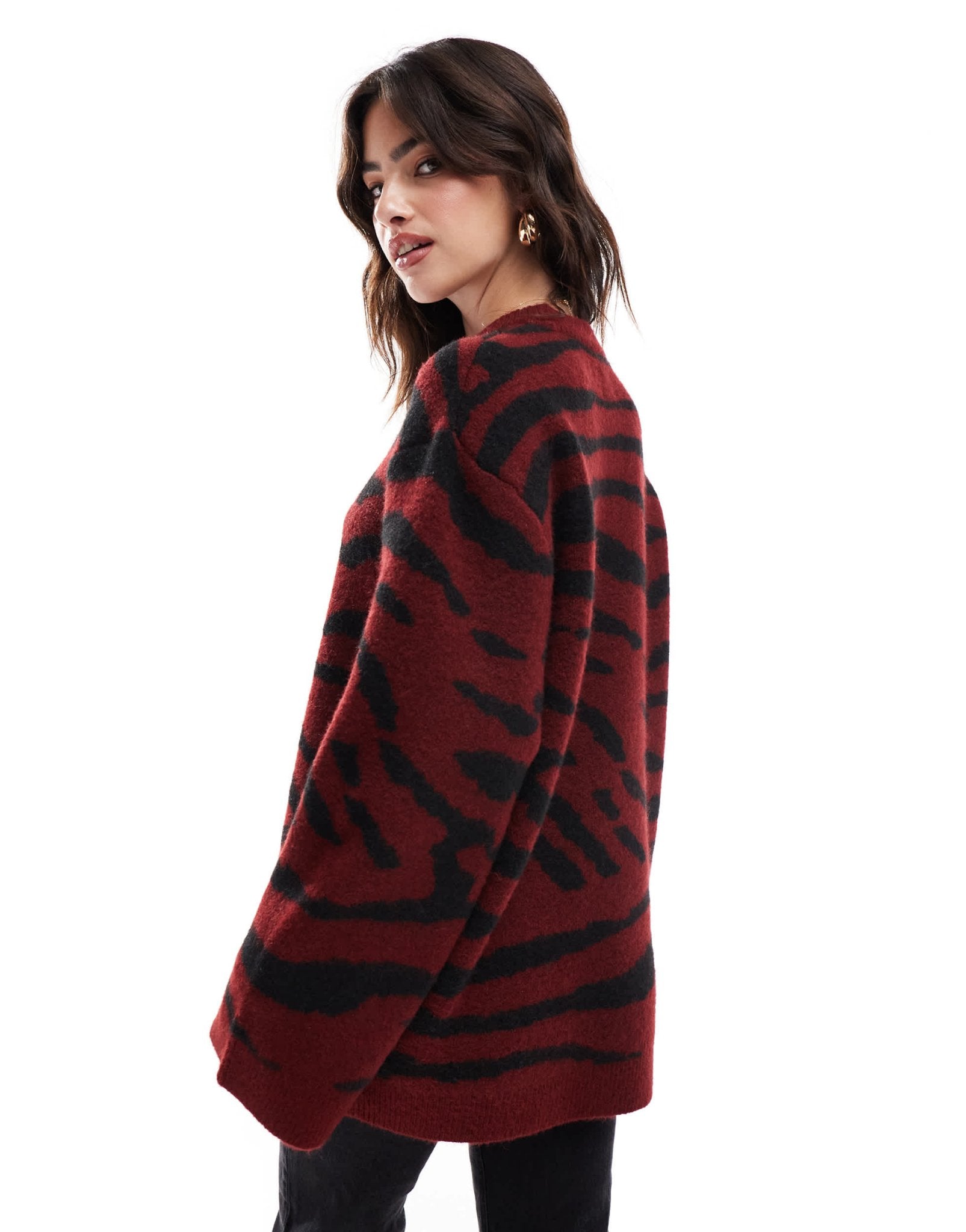 ASOS DESIGN crew neck jumper in burgundy zebra print - ASOS Sample Sale EU Store