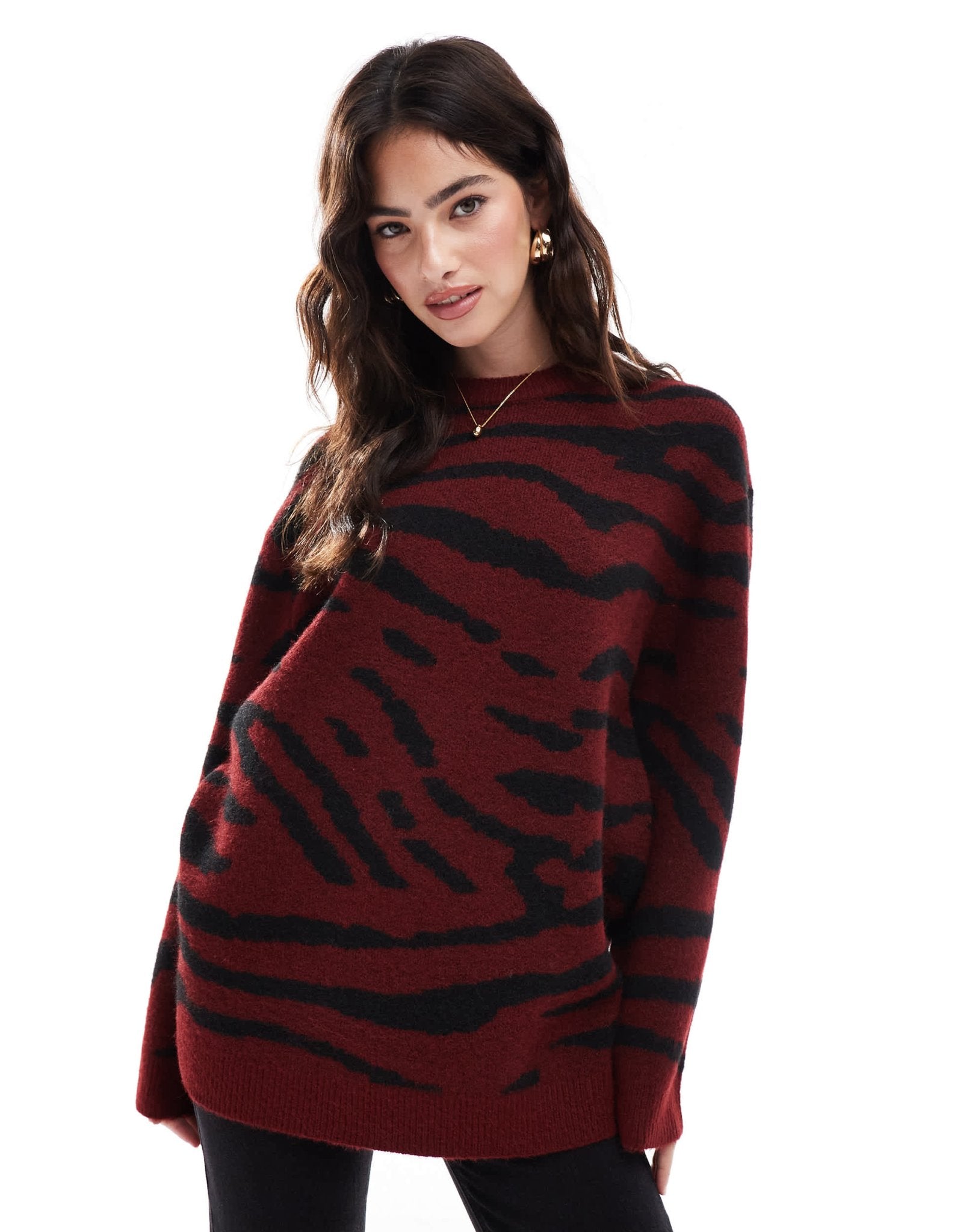 ASOS DESIGN crew neck jumper in burgundy zebra print - ASOS Sample Sale EU Store
