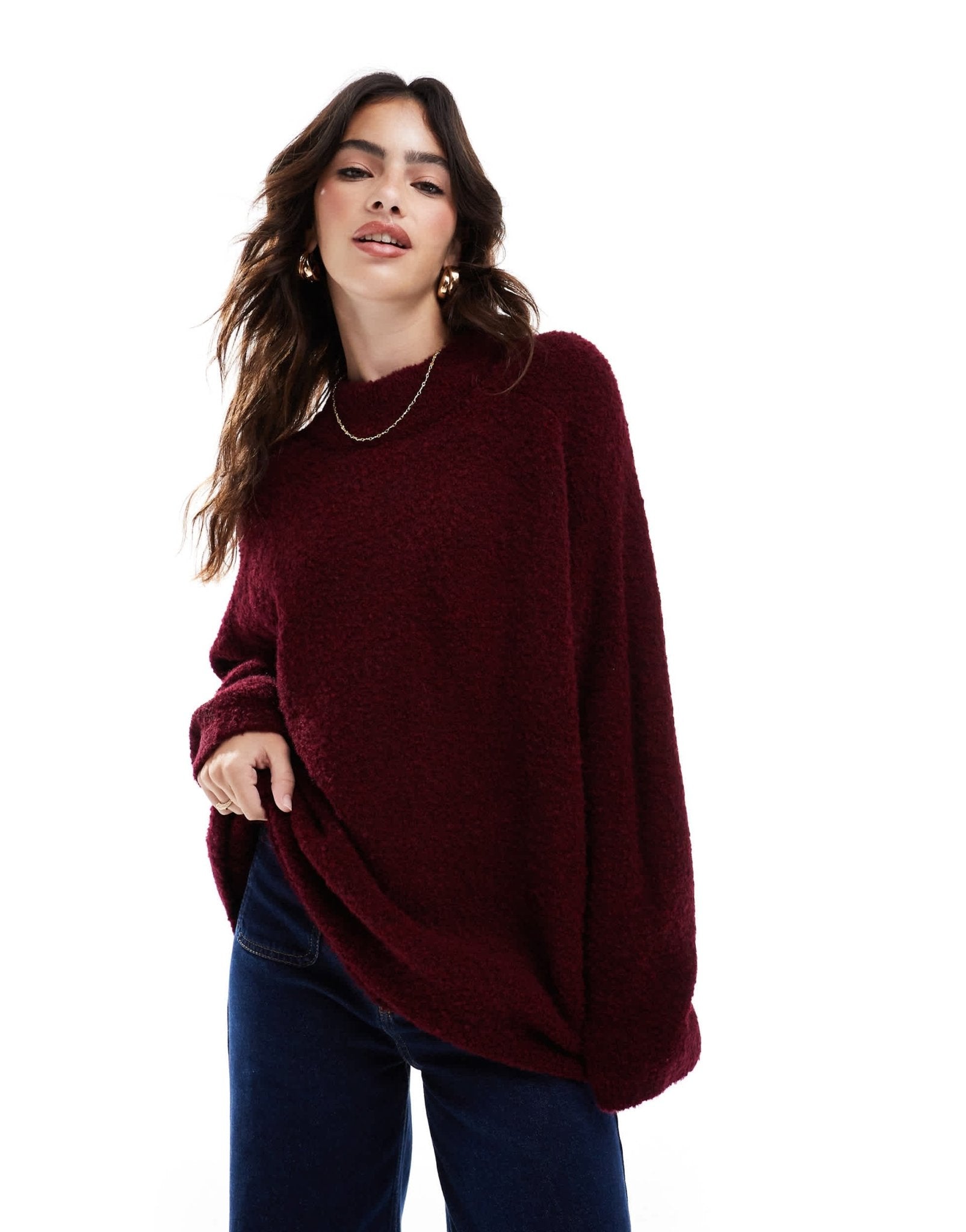 ASOS DESIGN crew neck oversized boucle jumper in burgundy - ASOS Sample Sale EU Store