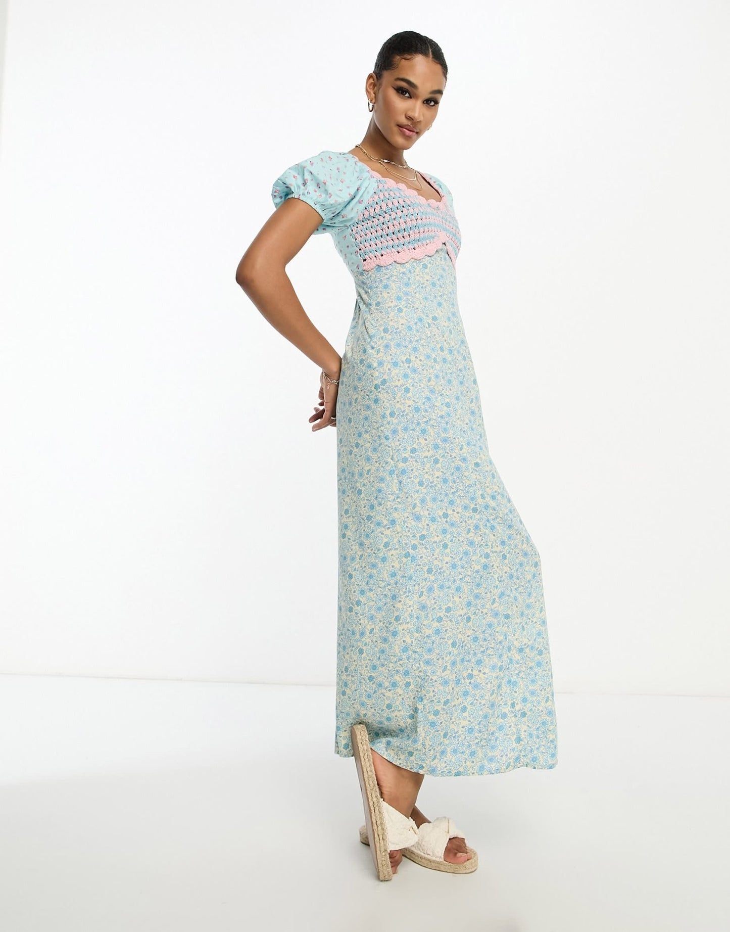 ASOS DESIGN crochet bardot midi dress in ditsy stripe mix print - ASOS Sample Sale EU Store