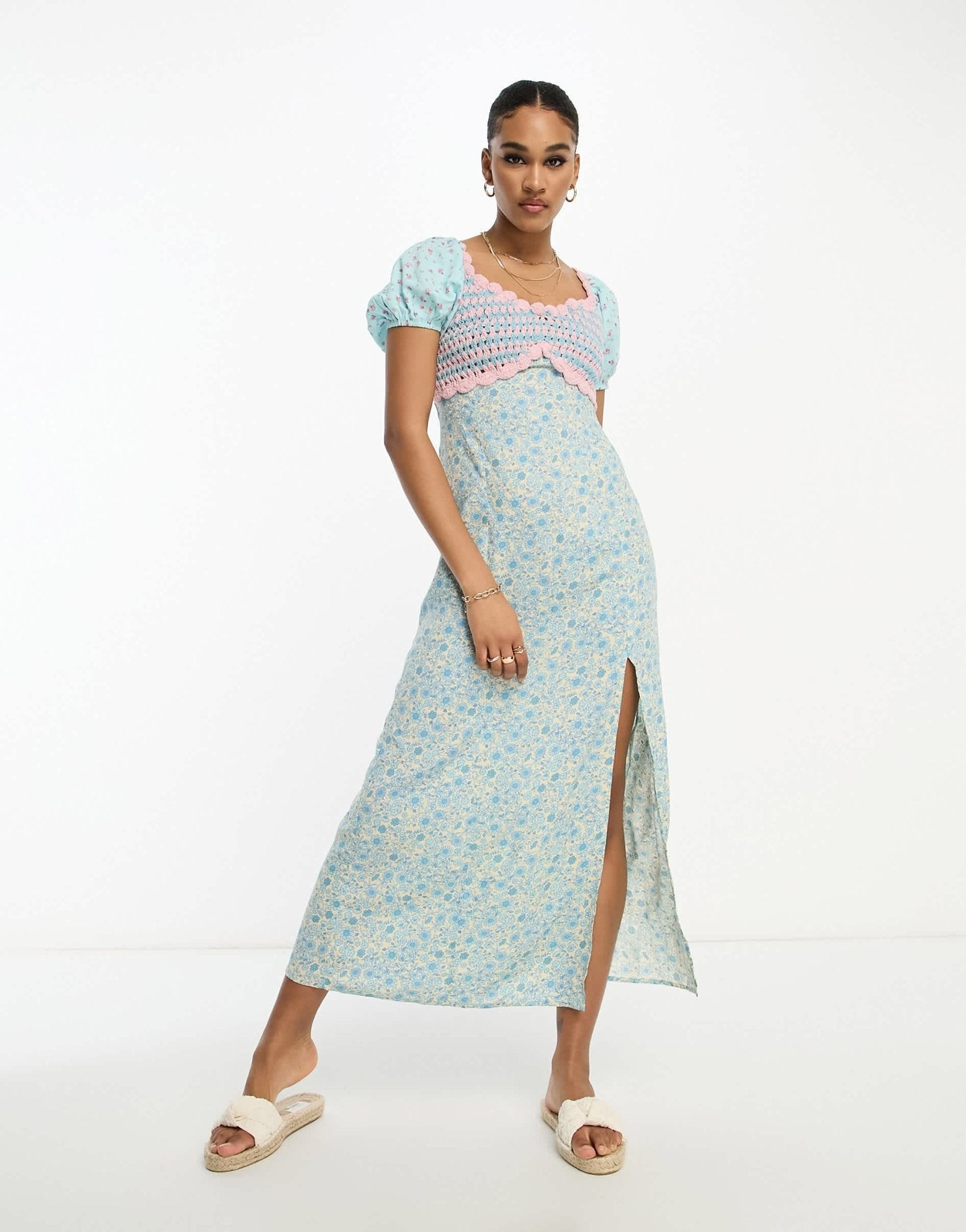 ASOS DESIGN crochet bardot midi dress in ditsy stripe mix print - ASOS Sample Sale EU Store