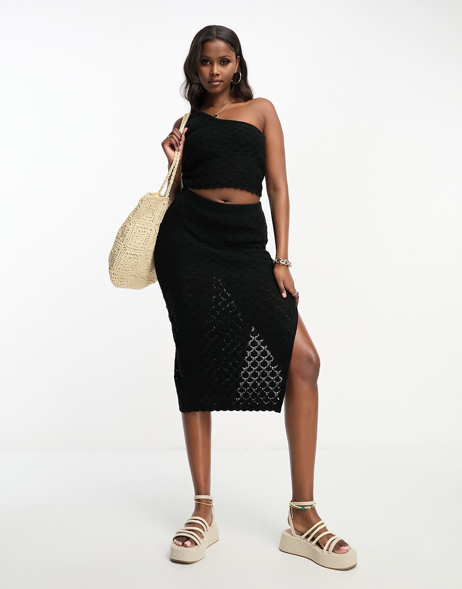 ASOS DESIGN crochet one shoulder top in wave stitch in black co - ord - ASOS Sample Sale EU Store