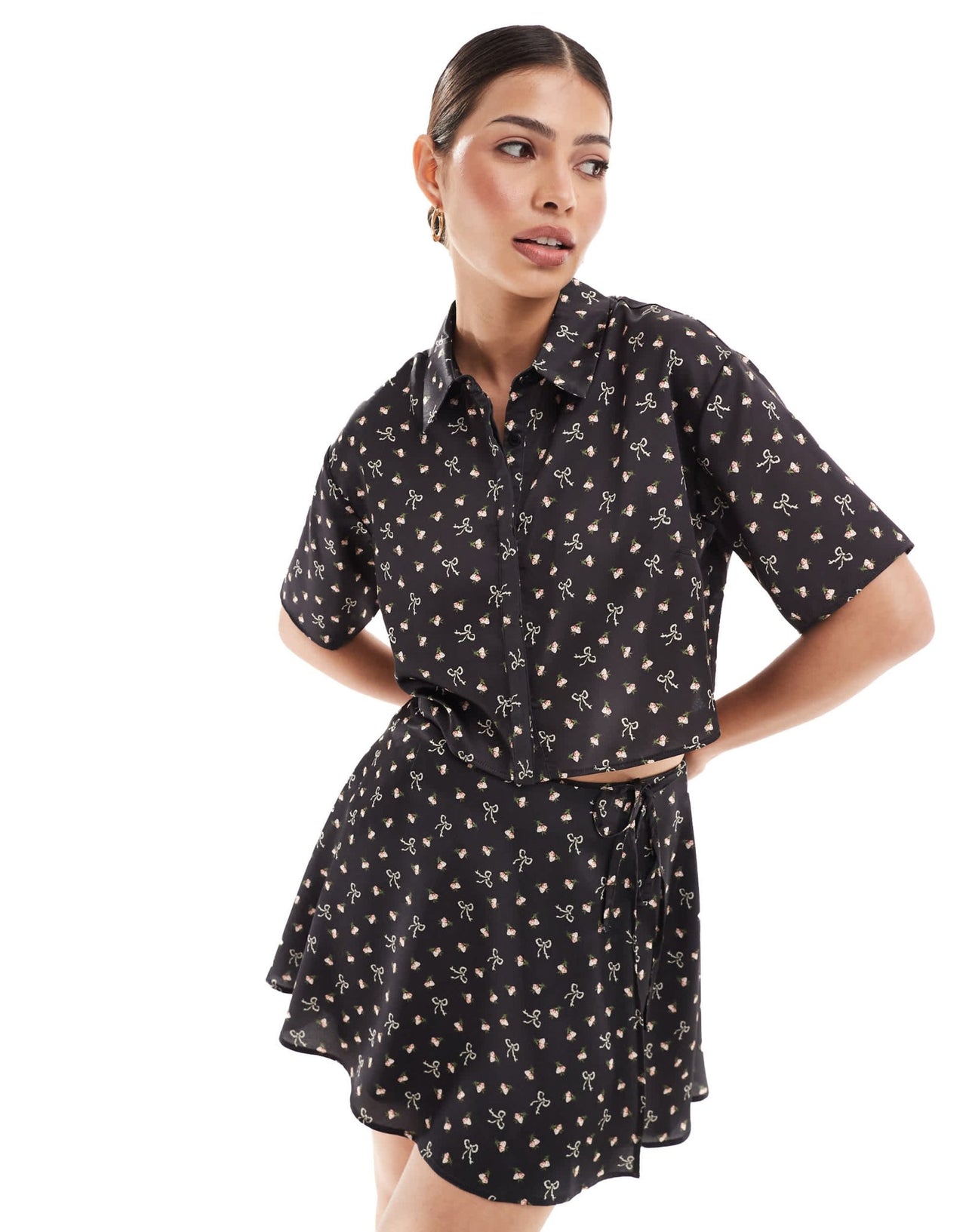 ASOS DESIGN crop satin shirt in bow print co - ord - ASOS Sample Sale EU Store