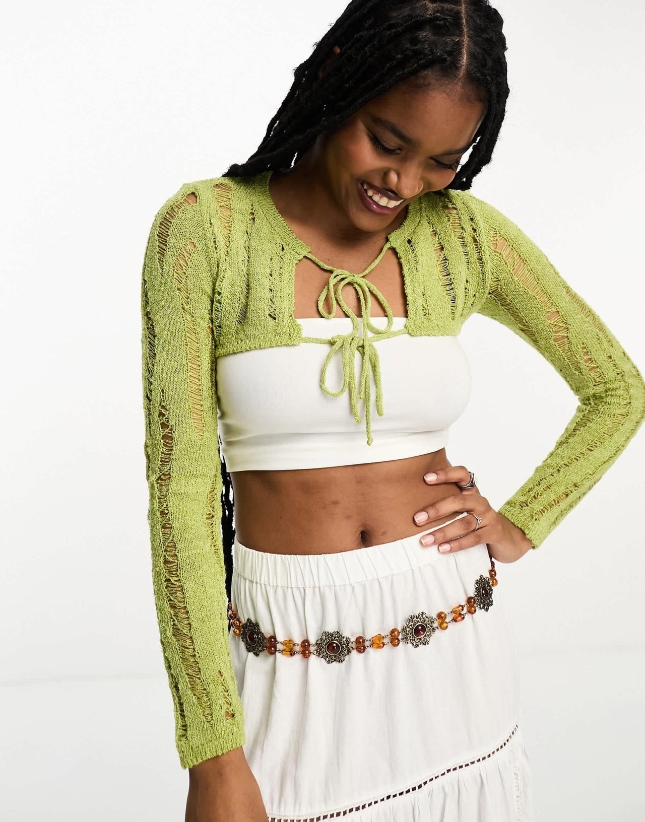 ASOS DESIGN crop tie front cardigan in ladder stitch in green - ASOS Sample Sale EU Store