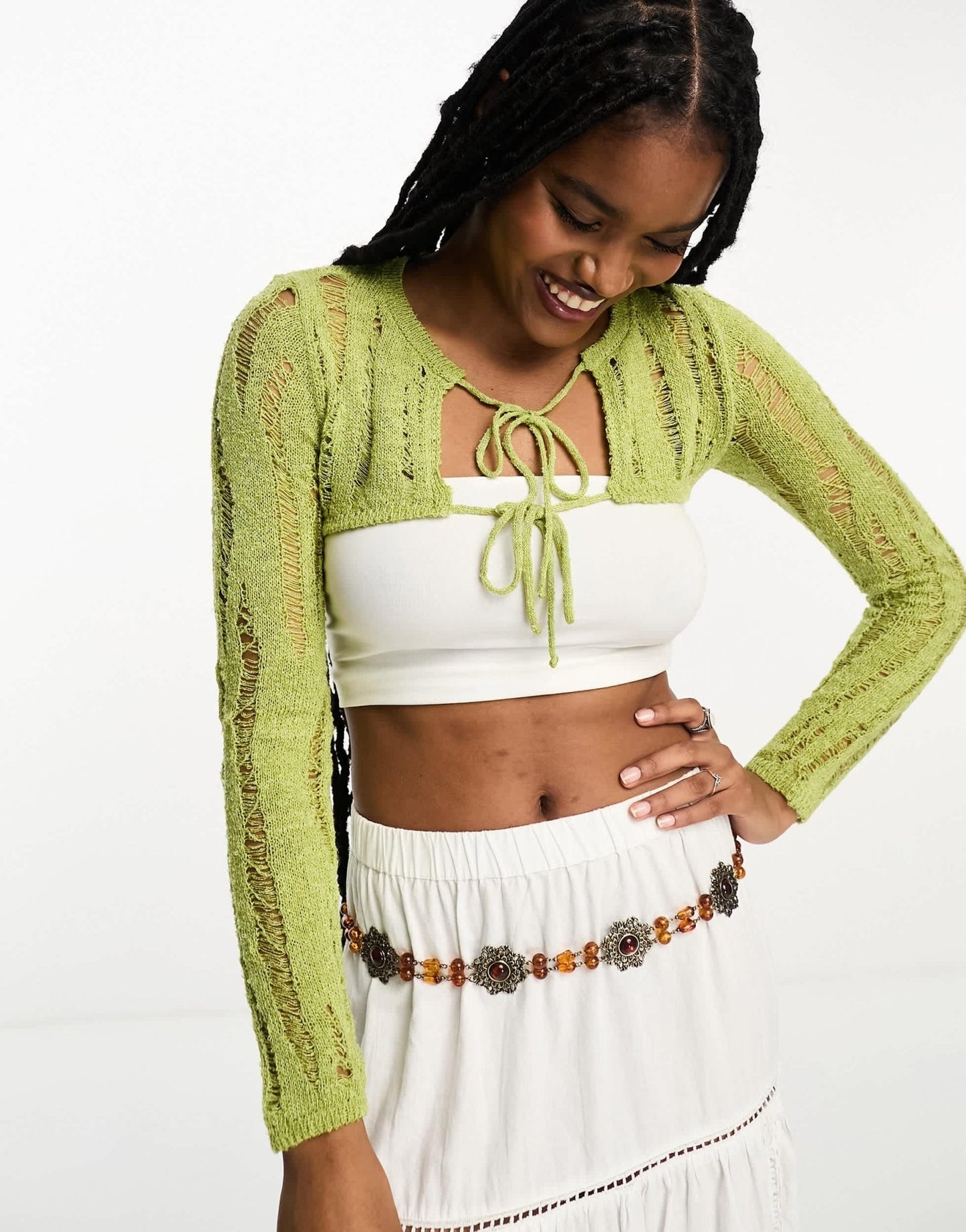 ASOS DESIGN crop tie front cardigan in ladder stitch in green - ASOS Sample Sale EU Store