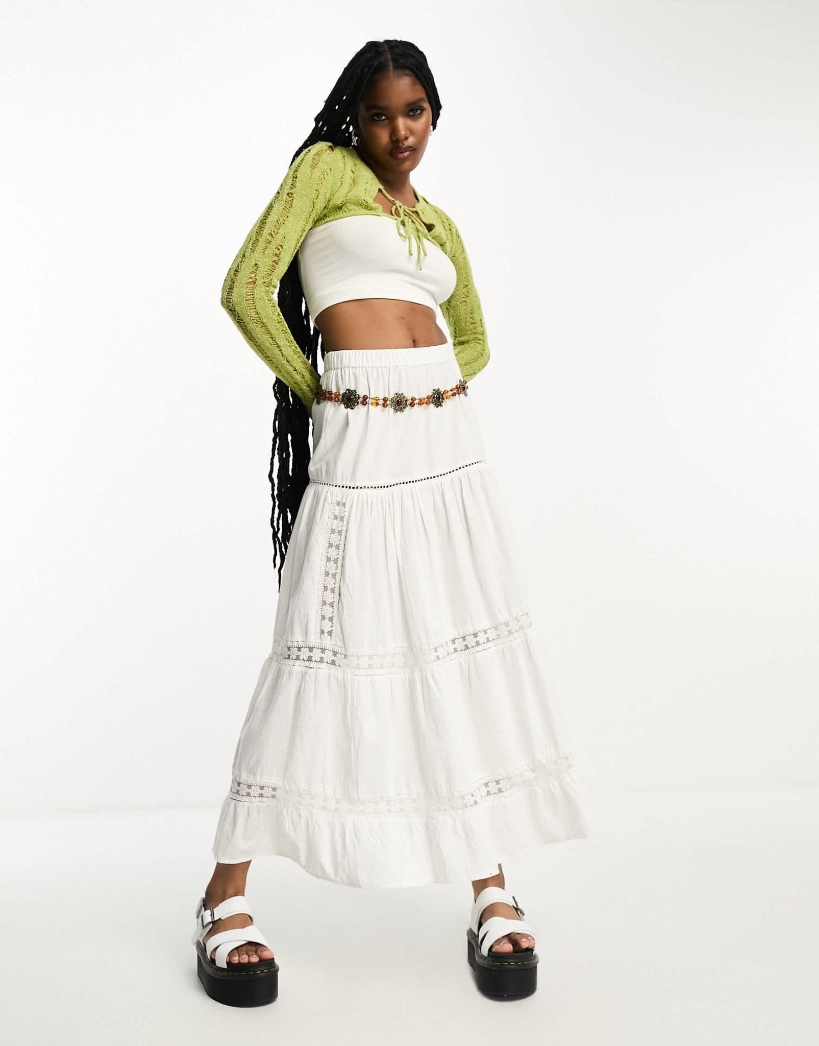 ASOS DESIGN crop tie front cardigan in ladder stitch in green - ASOS Sample Sale EU Store