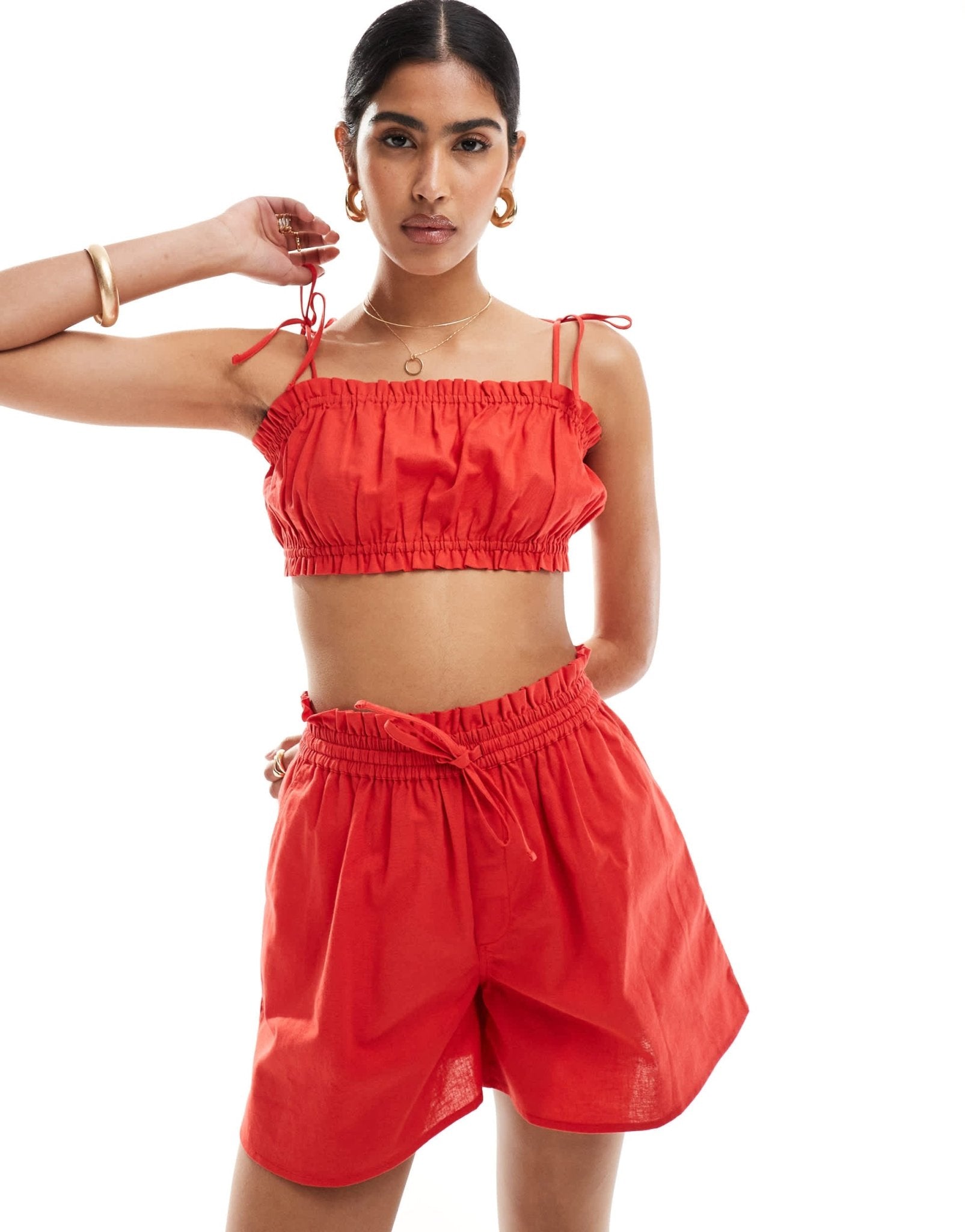 ASOS DESIGN crop top with ruffle and tie detail in red co - ord - ASOS Sample Sale EU Store