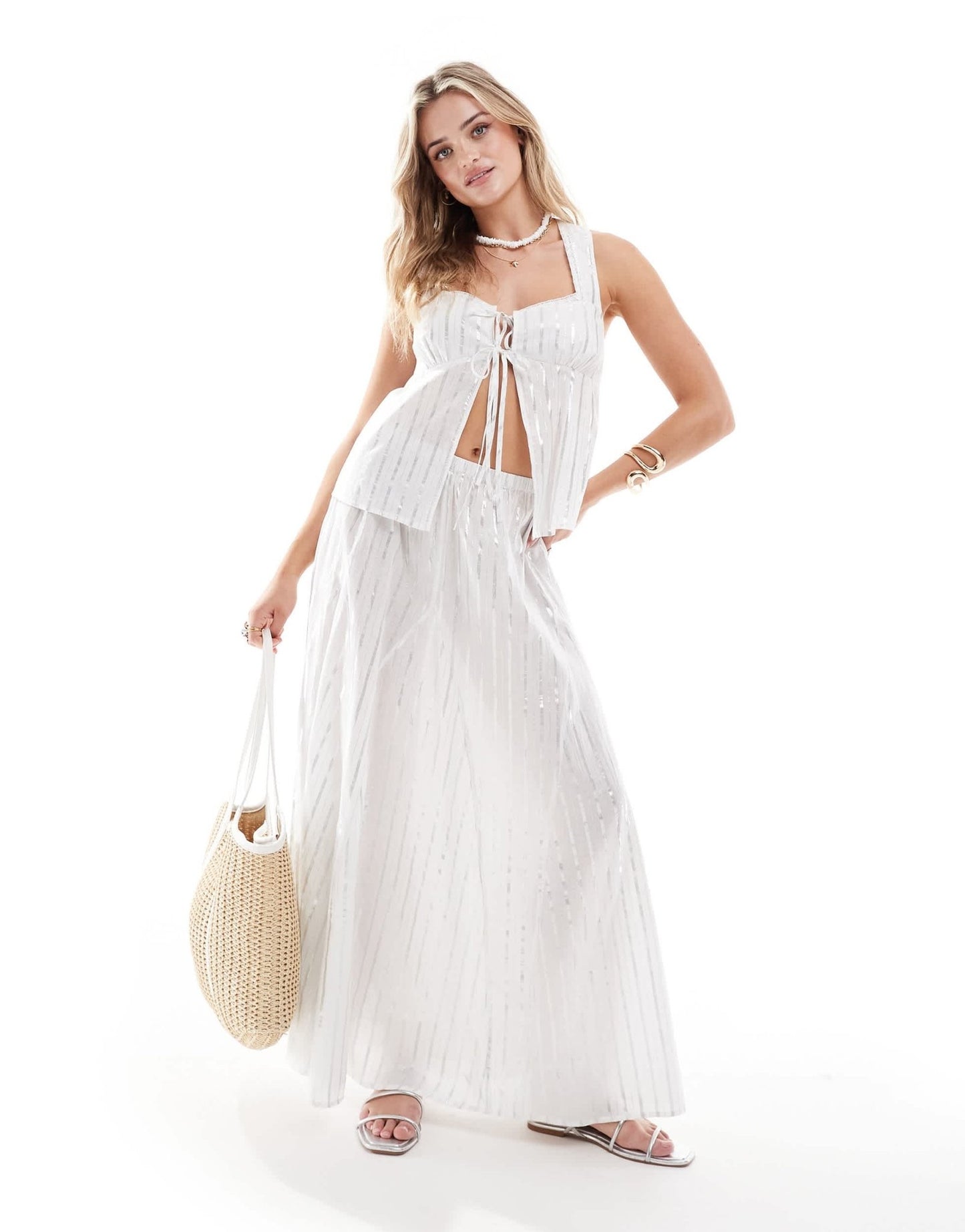 ASOS DESIGN cross back cami top co - ord in white metallic stripe - ASOS Sample Sale EU Store