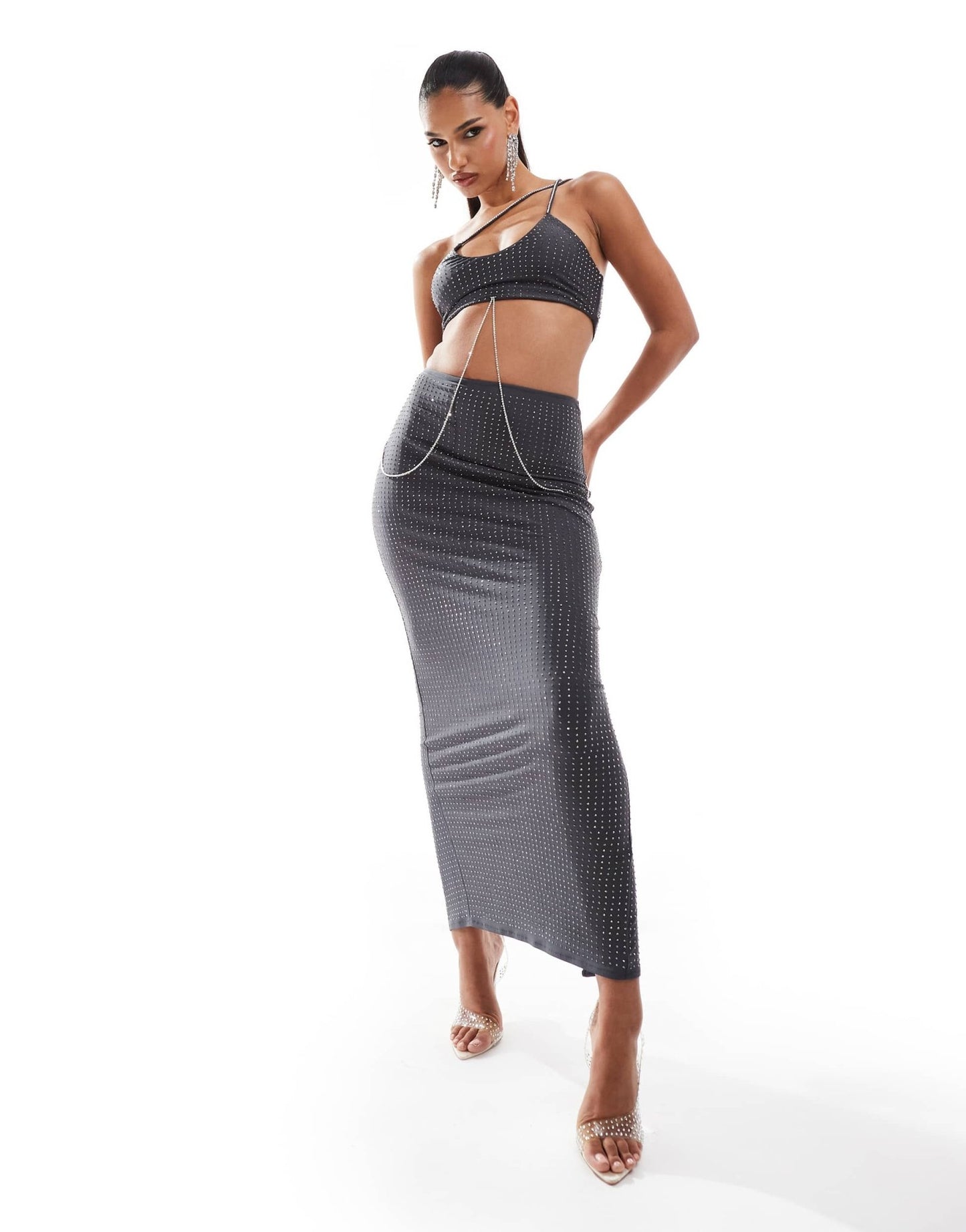 ASOS DESIGN cross strap hotfix midi dress with diamante body chain detail in charcoal - ASOS Sample Sale EU Store