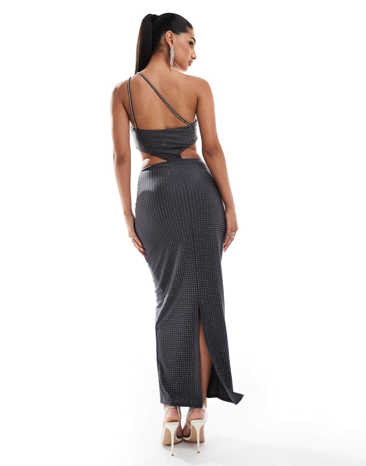 ASOS DESIGN cross strap hotfix midi dress with diamante body chain detail in charcoal - ASOS Sample Sale EU Store