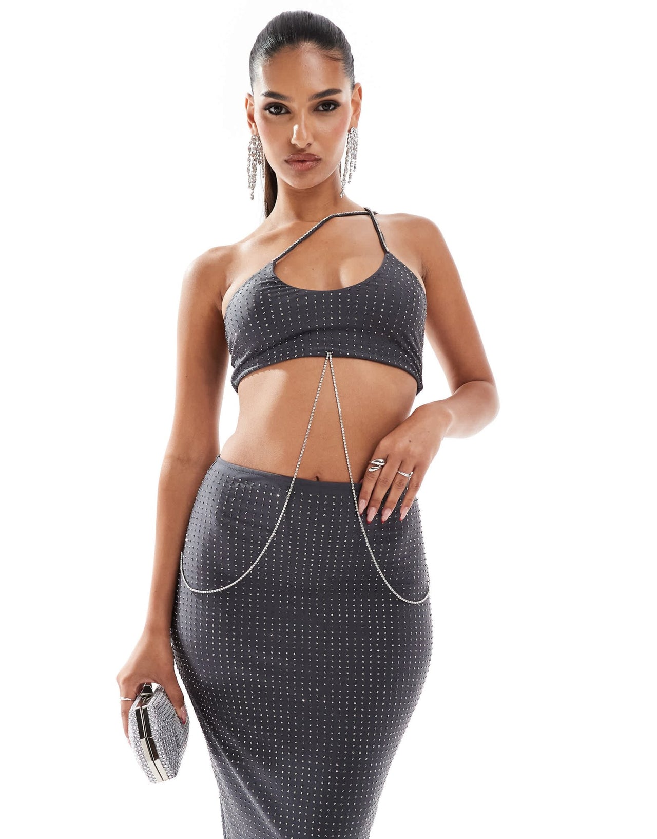 ASOS DESIGN cross strap hotfix midi dress with diamante body chain detail in charcoal - ASOS Sample Sale EU Store