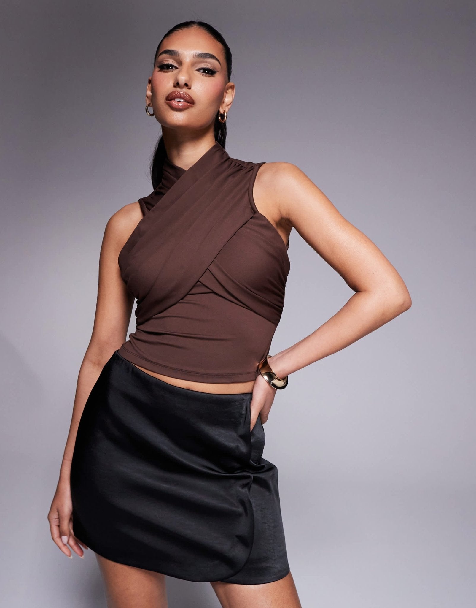 ASOS DESIGN cross wrap polyamide top in brown - ASOS Sample Sale EU Store