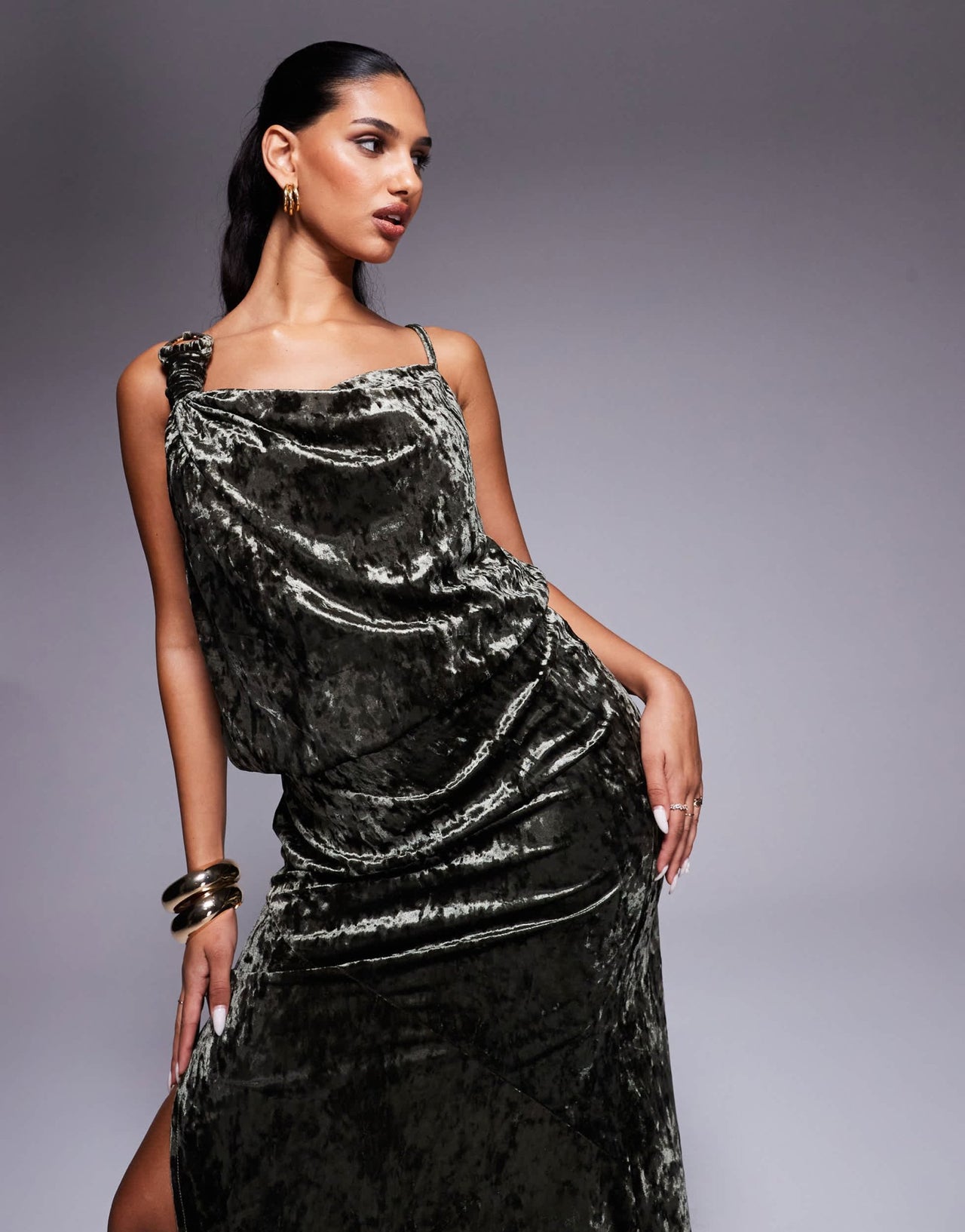 ASOS DESIGN crushed velvet trim detail draped maxi dress in khaki - ASOS Sample Sale EU Store