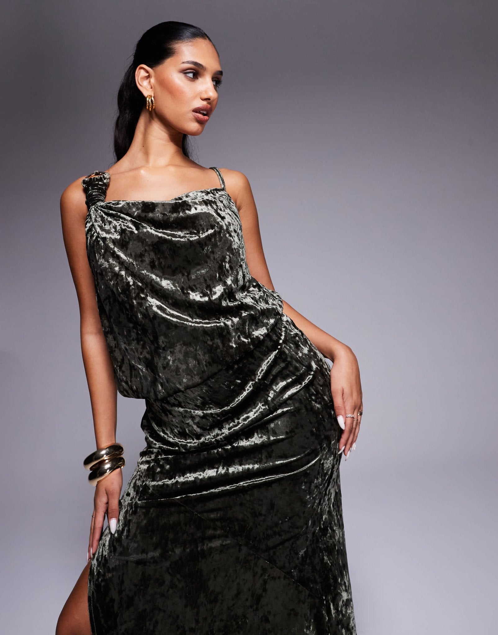 ASOS DESIGN crushed velvet trim detail draped maxi dress in khaki - ASOS Sample Sale EU Store