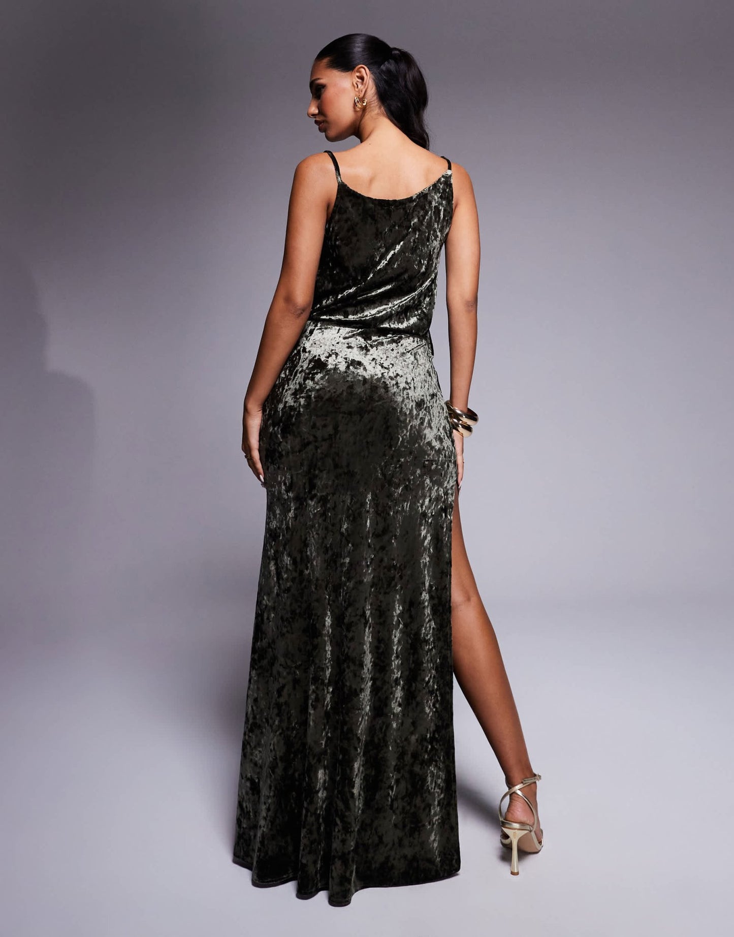 ASOS DESIGN crushed velvet trim detail draped maxi dress in khaki - ASOS Sample Sale EU Store