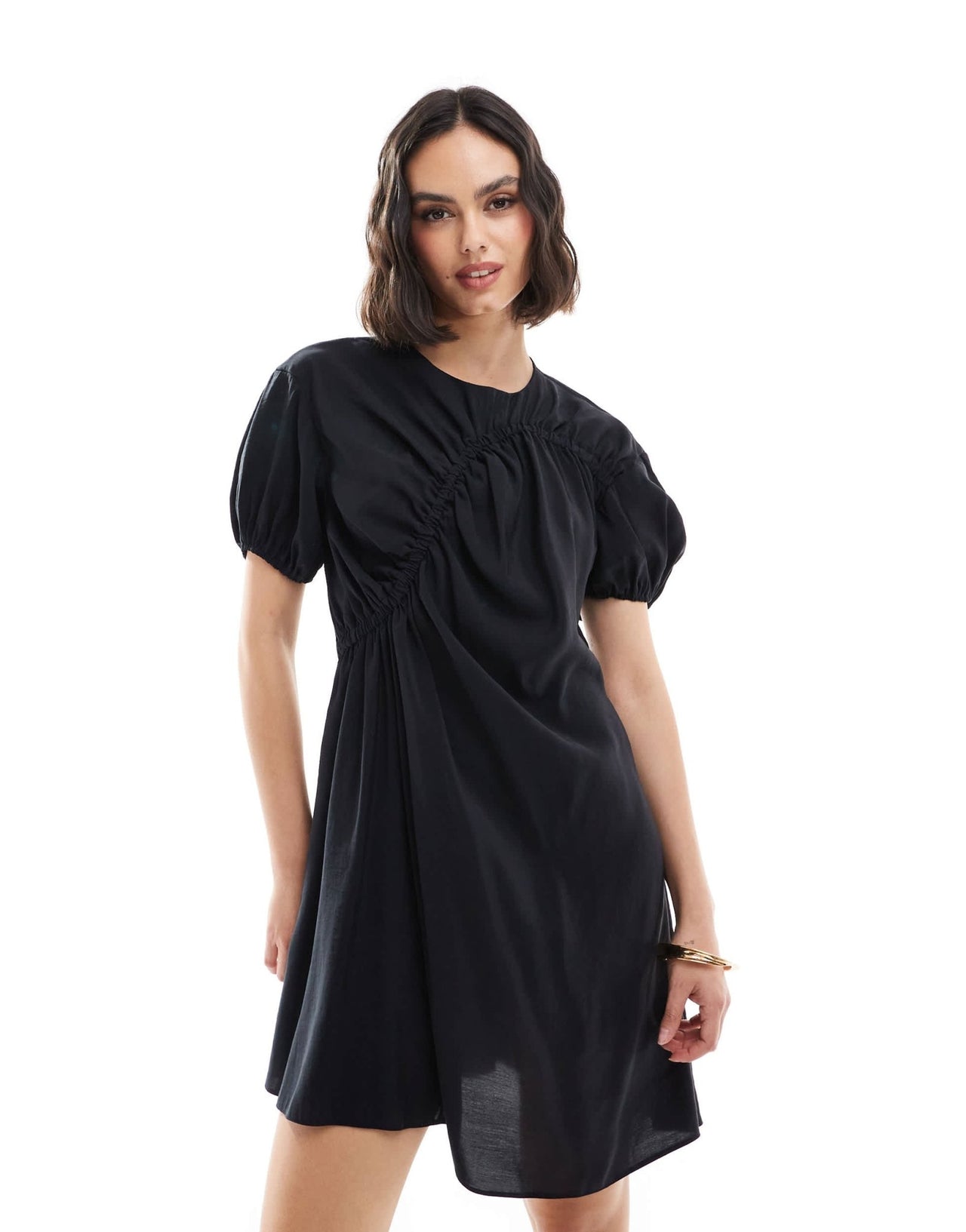 ASOS DESIGN cupro puff sleeve mini smock dress with ruching detail in black - ASOS Sample Sale EU Store