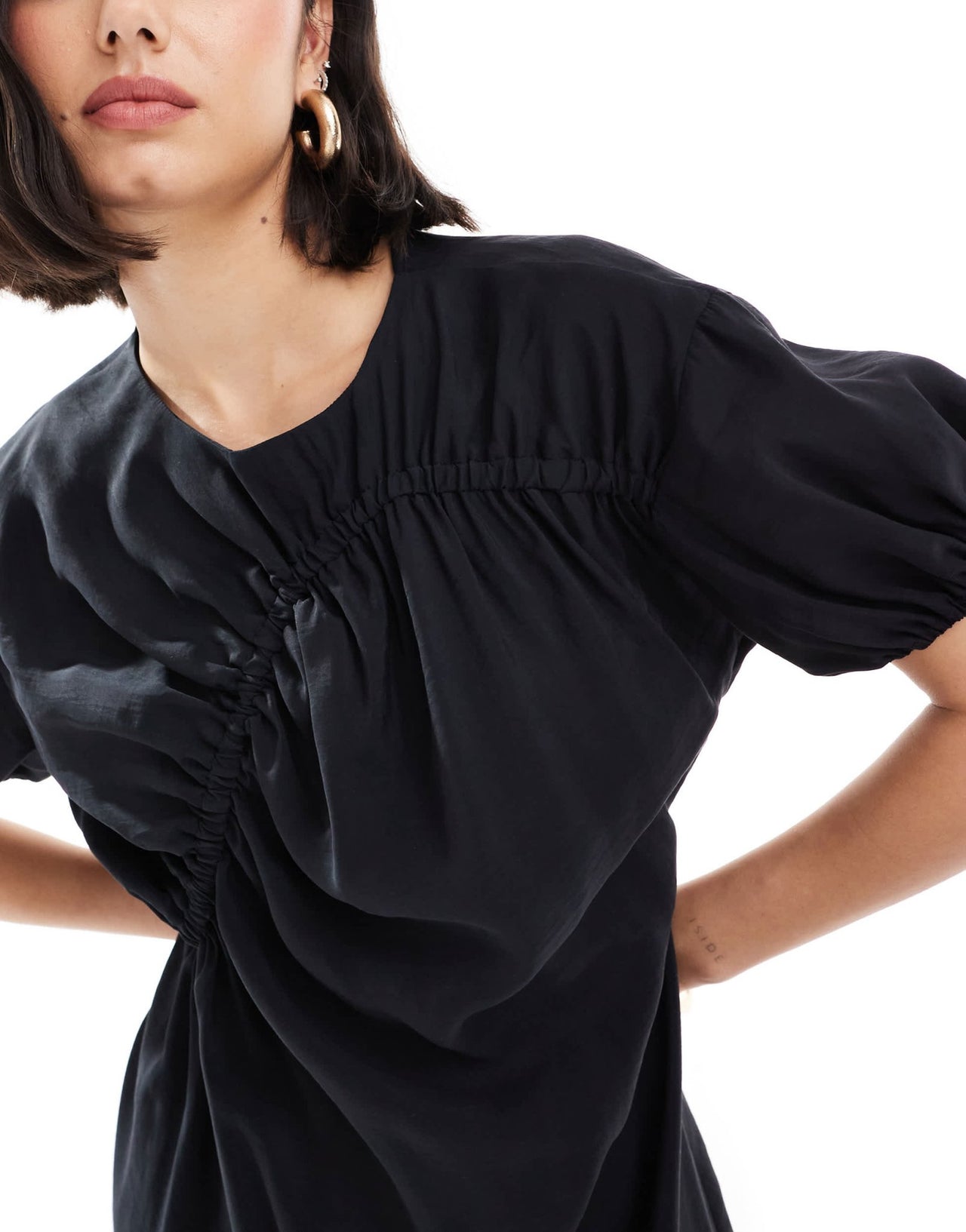 ASOS DESIGN cupro puff sleeve mini smock dress with ruching detail in black - ASOS Sample Sale EU Store