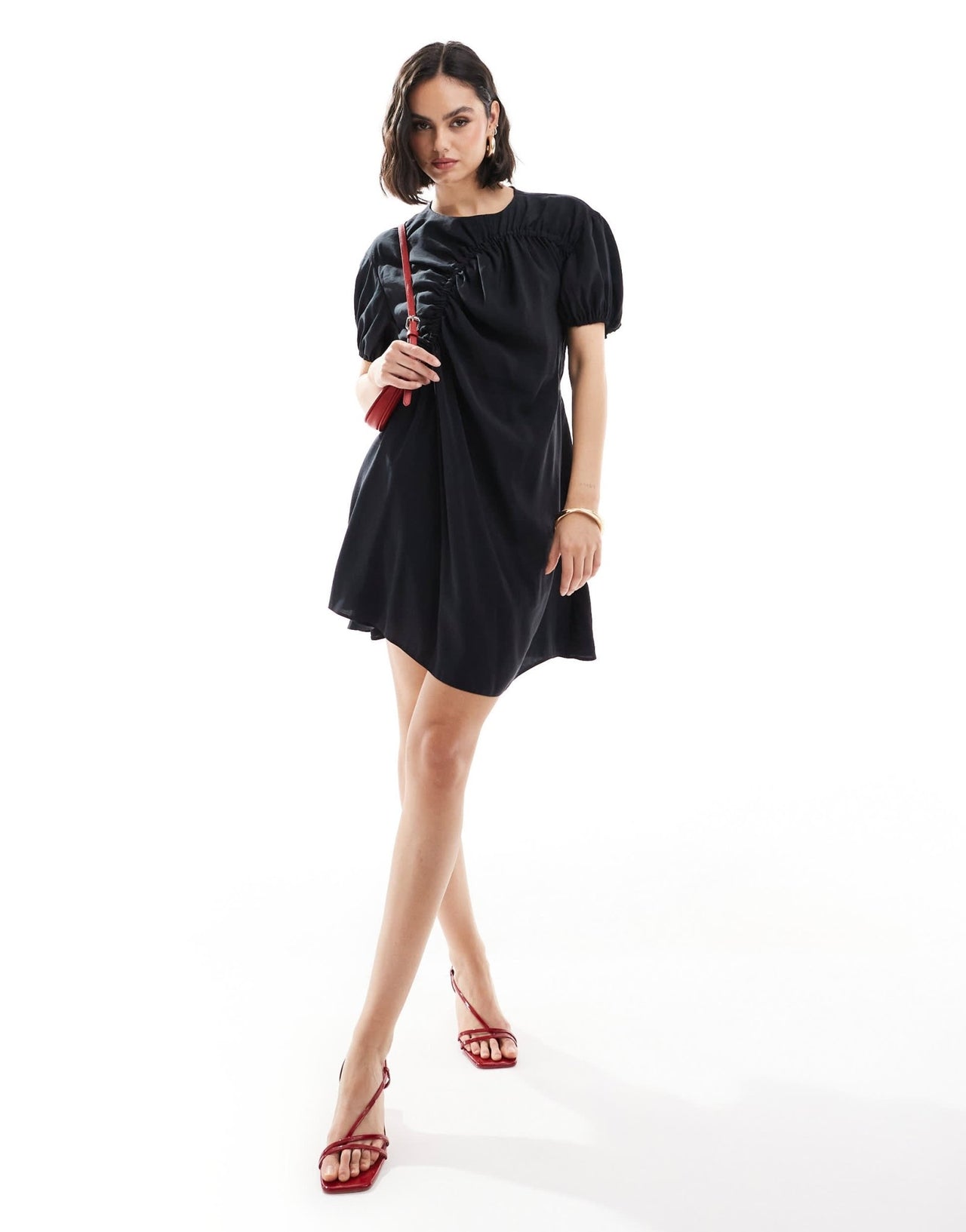 ASOS DESIGN cupro puff sleeve mini smock dress with ruching detail in black - ASOS Sample Sale EU Store
