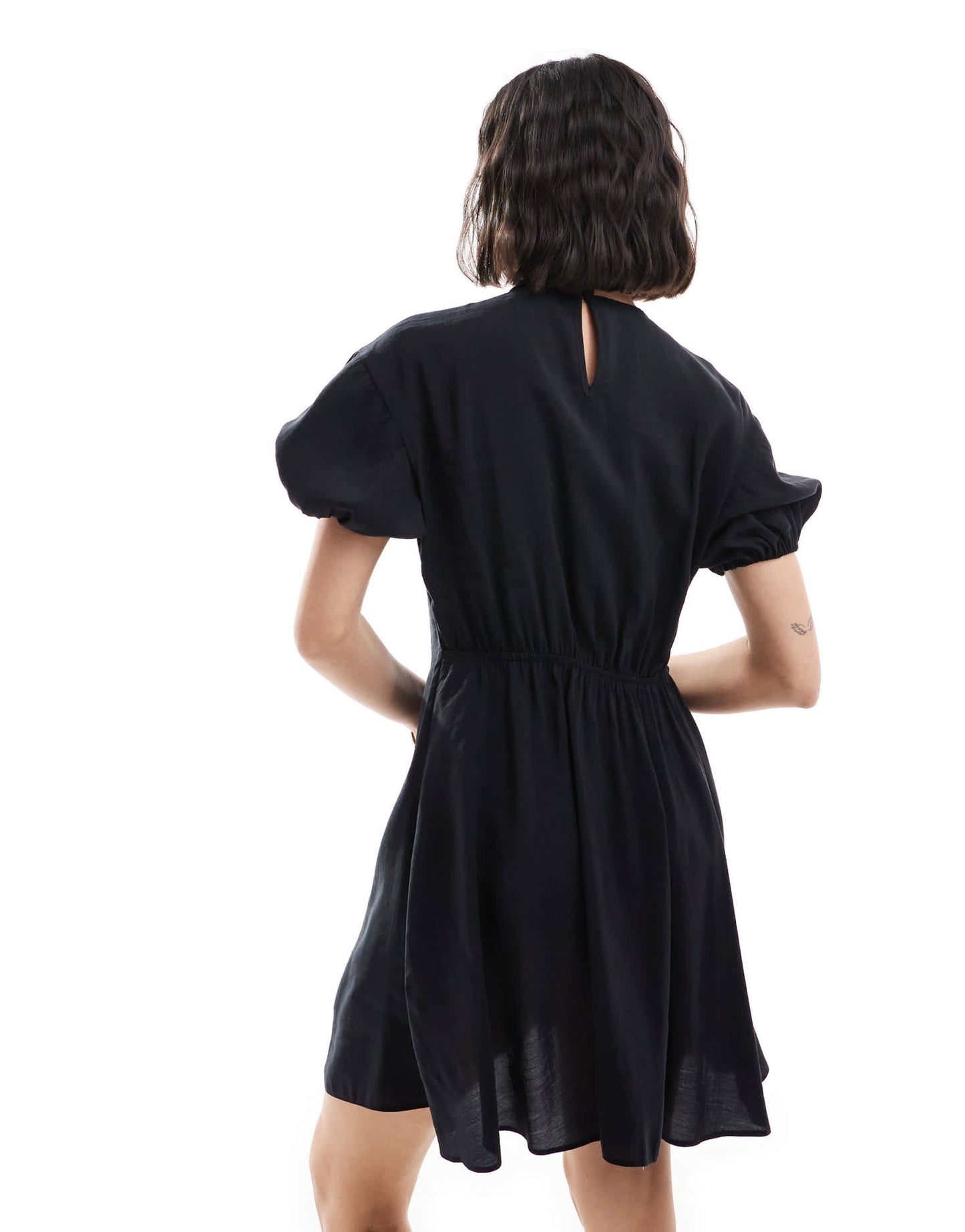 ASOS DESIGN cupro puff sleeve mini smock dress with ruching detail in black - ASOS Sample Sale EU Store