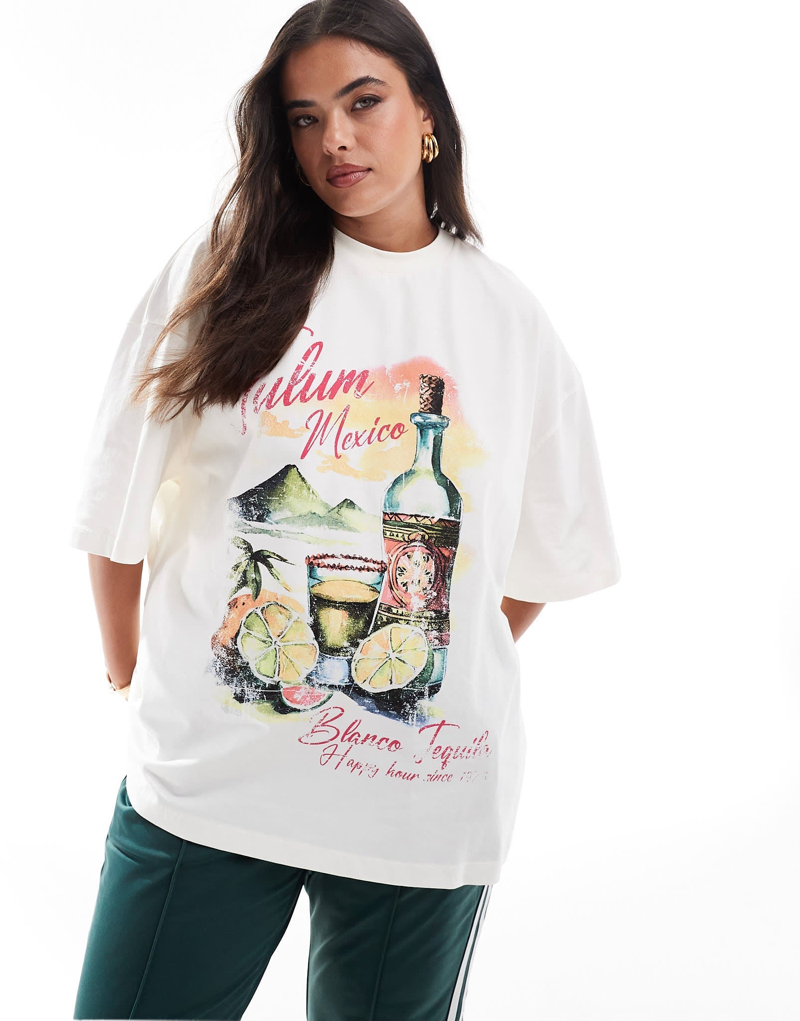 ASOS DESIGN Curve boyfriend fit t-shirt with tequila drink tulum graphic in cream - ASOS Sample Sale EU Store