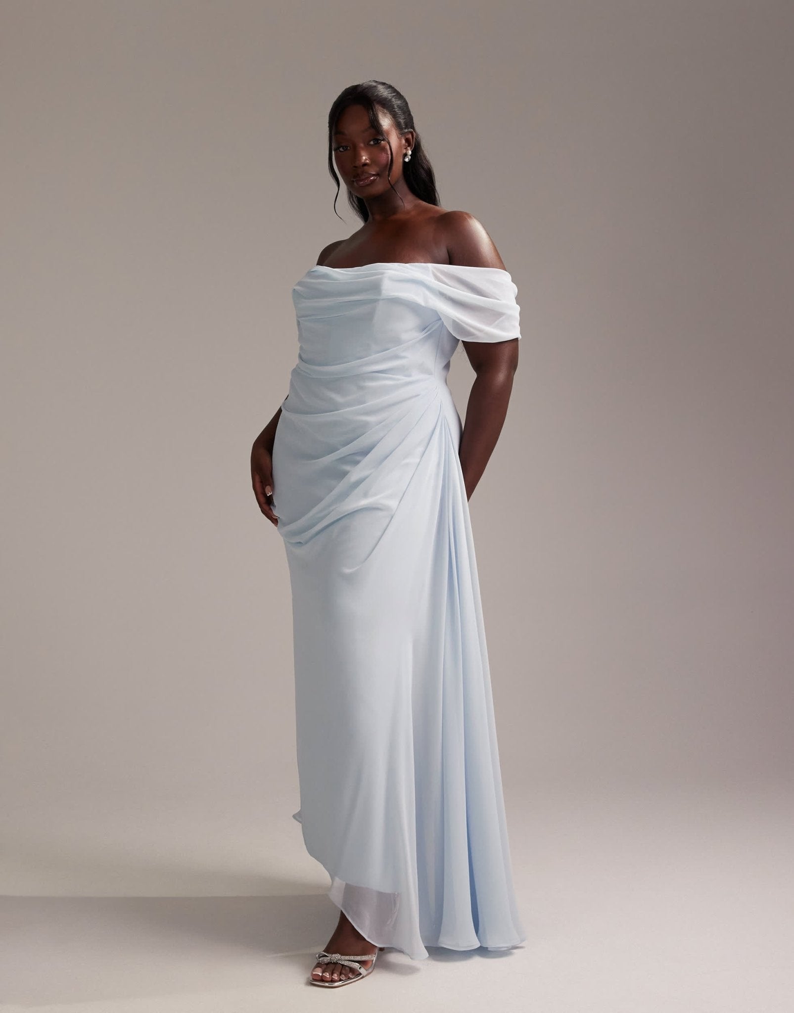 ASOS DESIGN Curve Bridesmaids draped bardot midaxi dress in light blue - ASOS Sample Sale EU Store