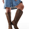 ASOS DESIGN Curve Celeste flat western knee boots in choc faux suede