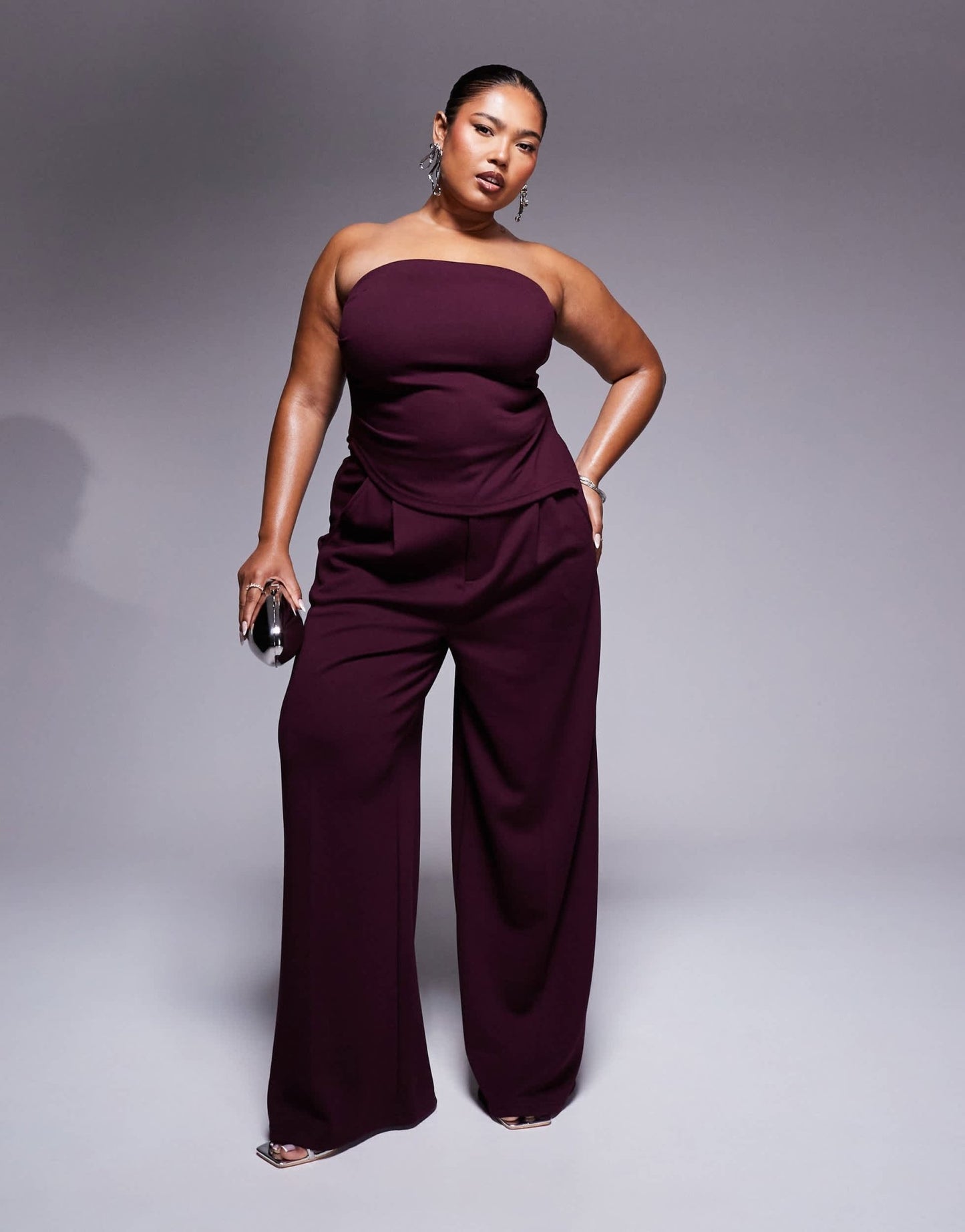 ASOS DESIGN Curve co - ord strapless ruched side top in burgundy - ASOS Sample Sale EU Store