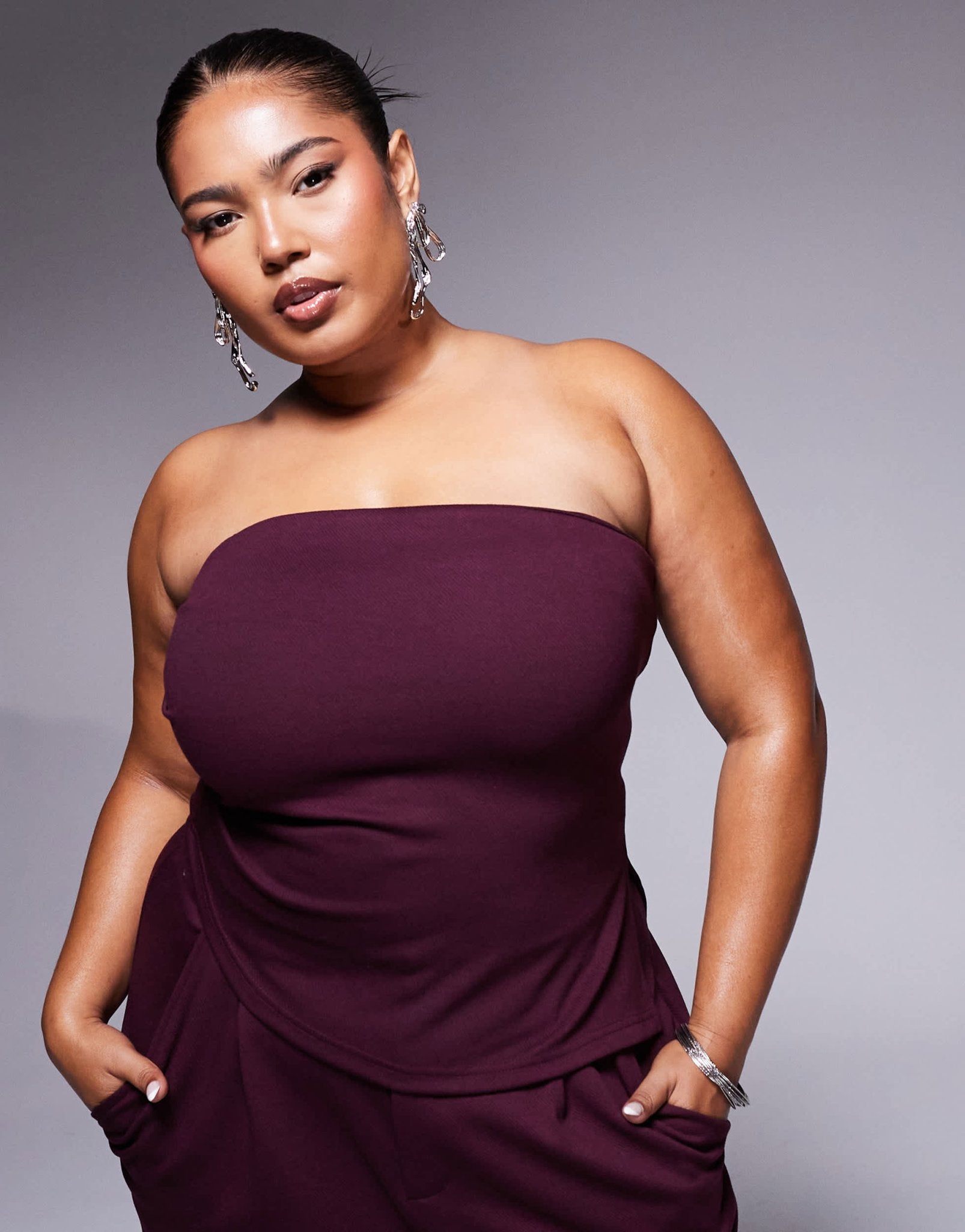 ASOS DESIGN Curve co - ord strapless ruched side top in burgundy - ASOS Sample Sale EU Store