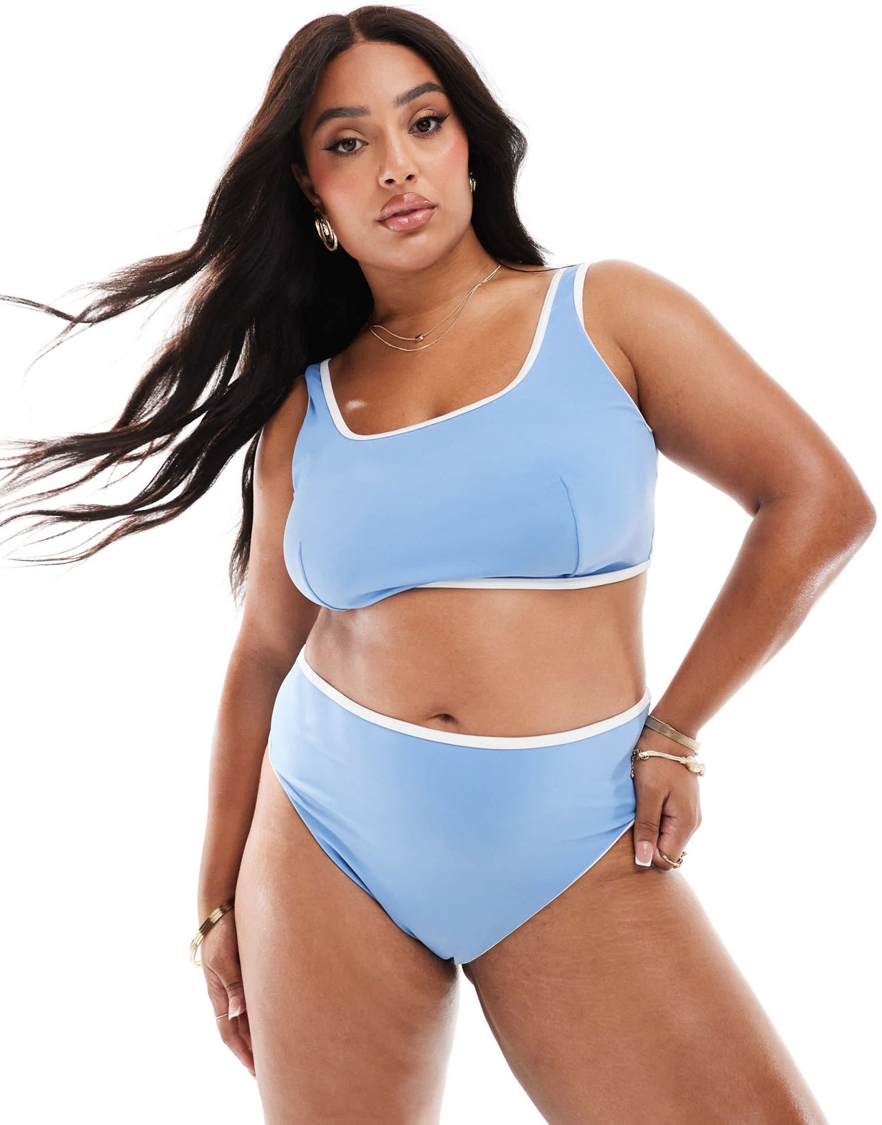 ASOS DESIGN Curve contrast binding high leg high waist bikini bottom in dusty blue - ASOS Sample Sale EU Store
