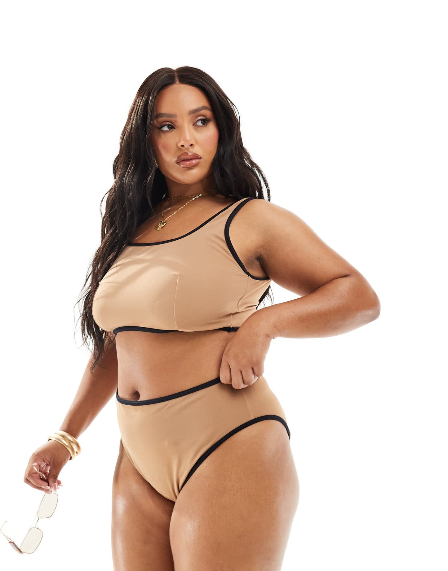 ASOS DESIGN Curve contrast binding high leg high waist bikini bottom in mochaccino - ASOS Sample Sale EU Store