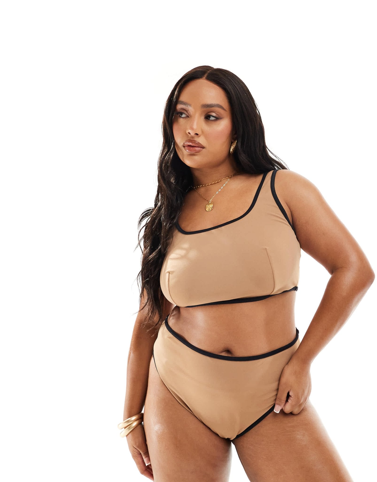 ASOS DESIGN Curve contrast binding high leg high waist bikini bottom in mochaccino - ASOS Sample Sale EU Store