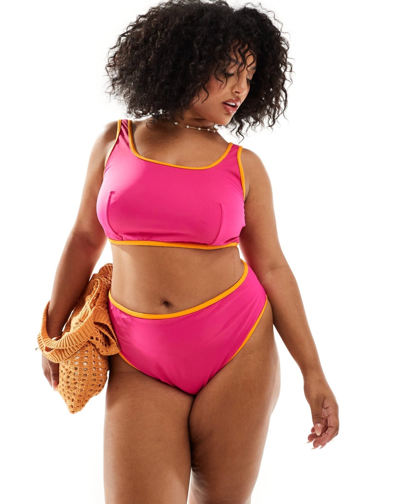 ASOS DESIGN Curve contrast binding high leg high waist bikini bottom in pink - ASOS Sample Sale EU Store