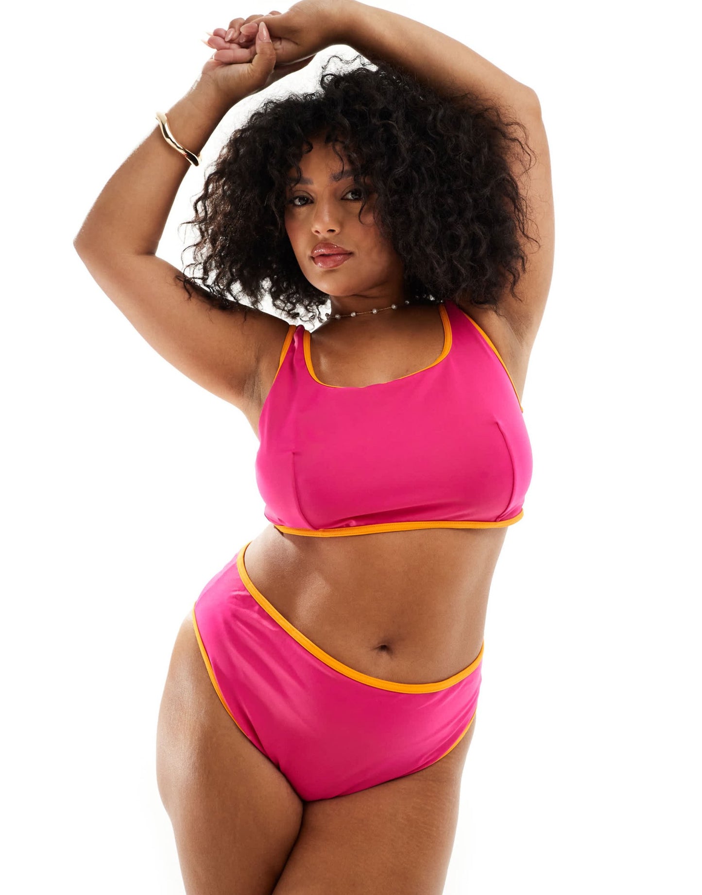 ASOS DESIGN Curve contrast binding high leg high waist bikini bottom in pink - ASOS Sample Sale EU Store